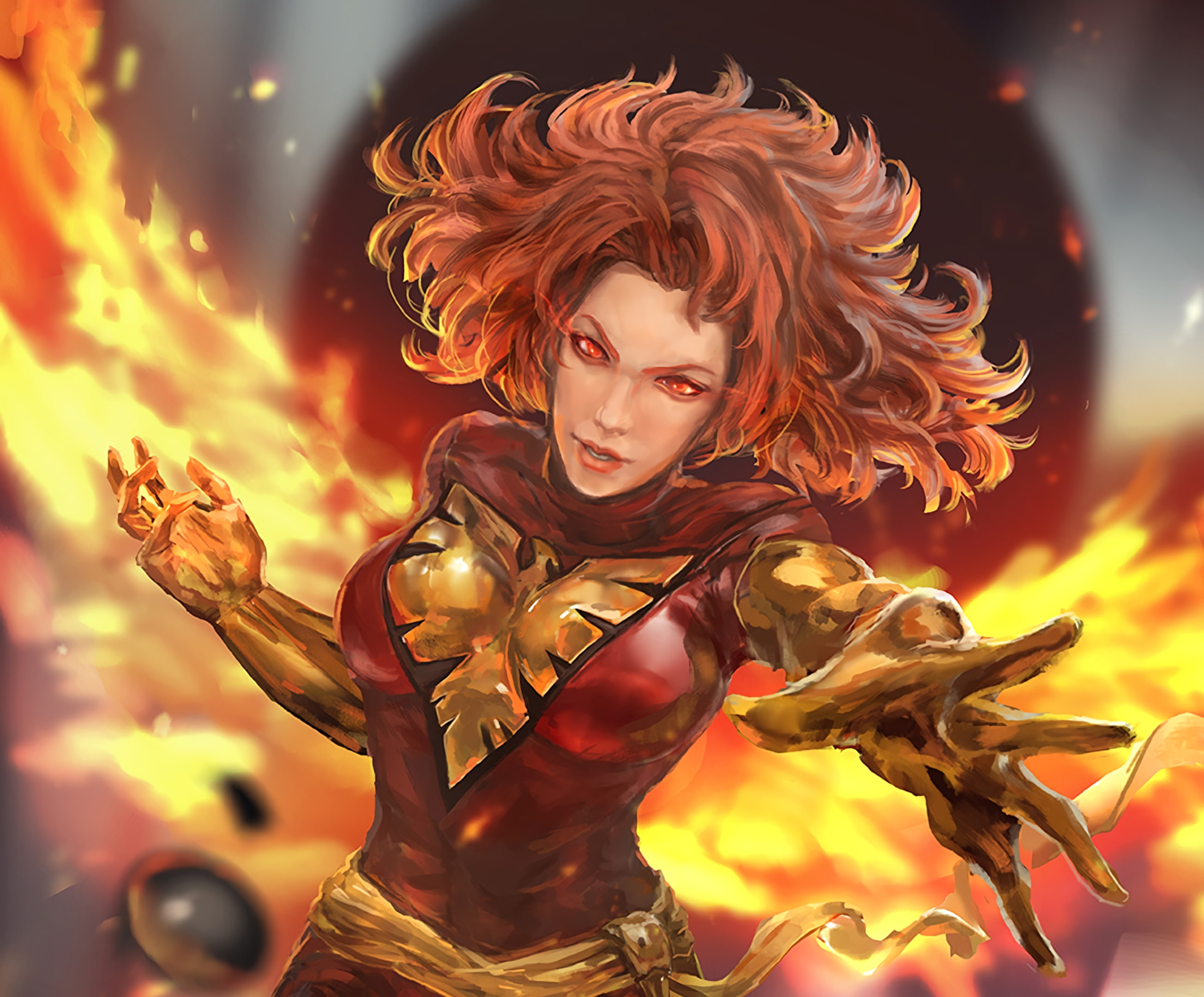 jean grey, portrait, one person, illuminated, adult, burning, marvel girl, young adult, fire, beauty, 2K, fire - natural phenomenon, Others, redhead, flame, HD Wallpaper