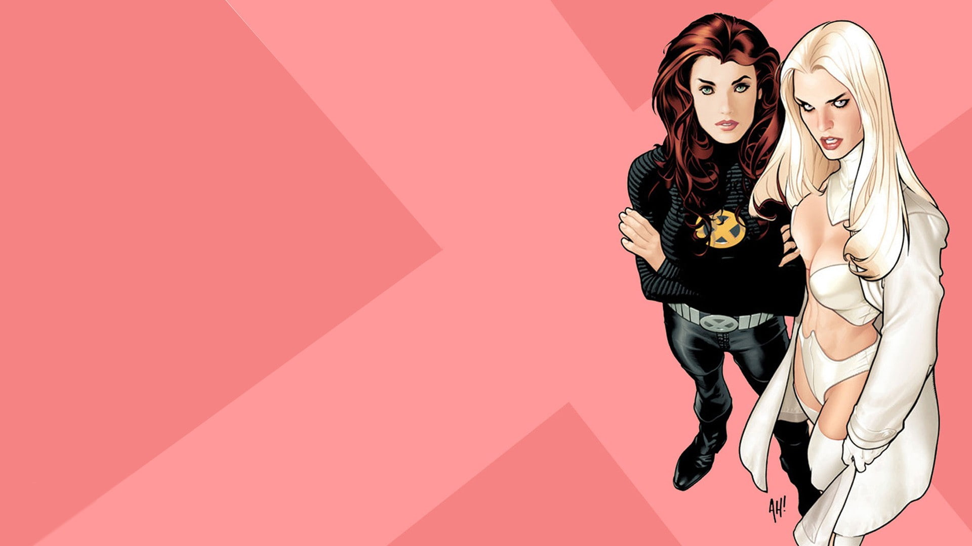 Emma Frost, Jean Grey, pink background, two people, 1080P, women, togetherness, beautiful woman, red, young women, comics, adult, females, clothing, fashion, HD Wallpaper