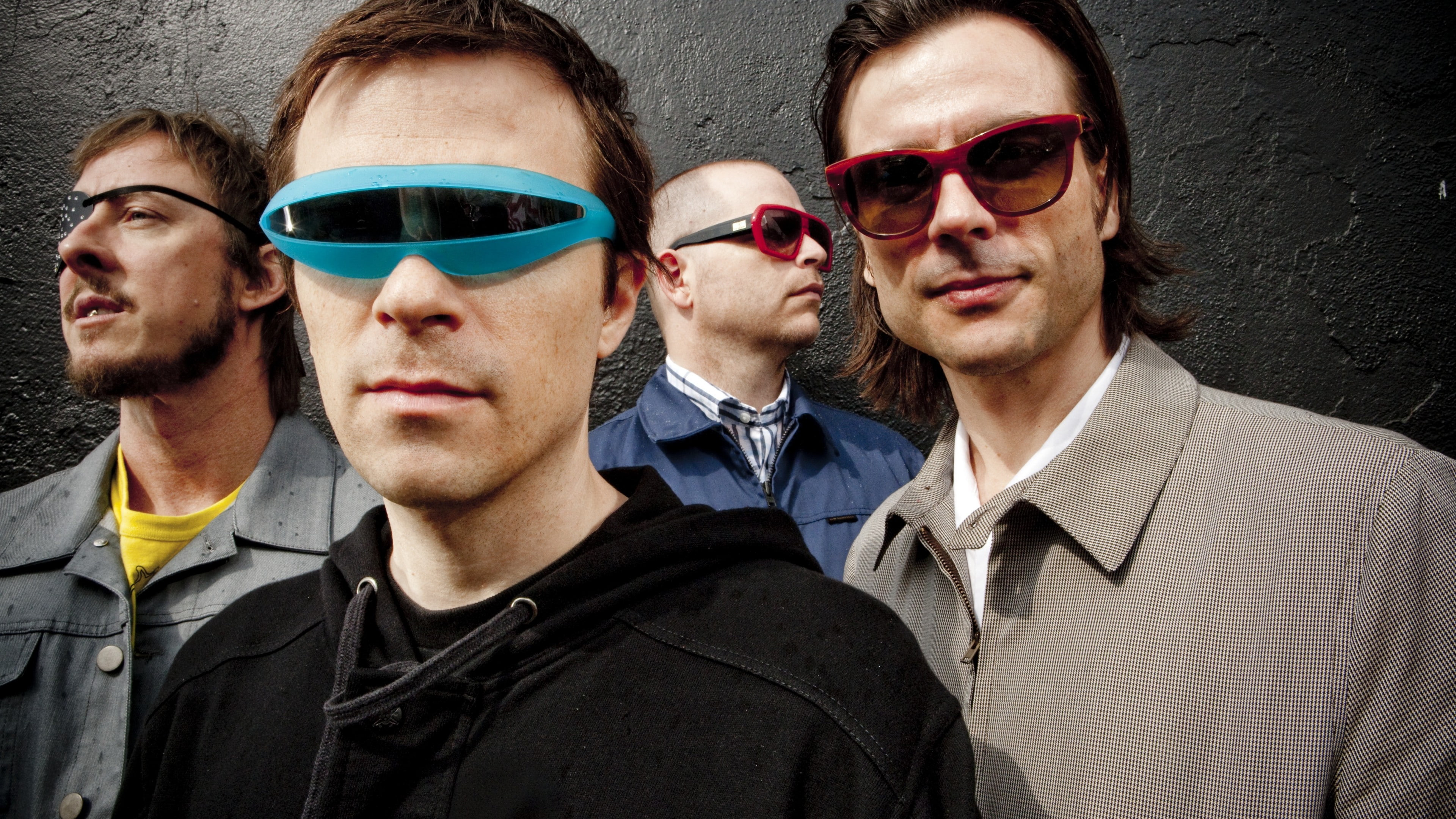 Brian Bell, sunglasses, Scott Shriner, Weezer, 4K, Patrick Wilson, men, four, Top music artist and bands, Rivers Cuomo, HD Wallpaper
