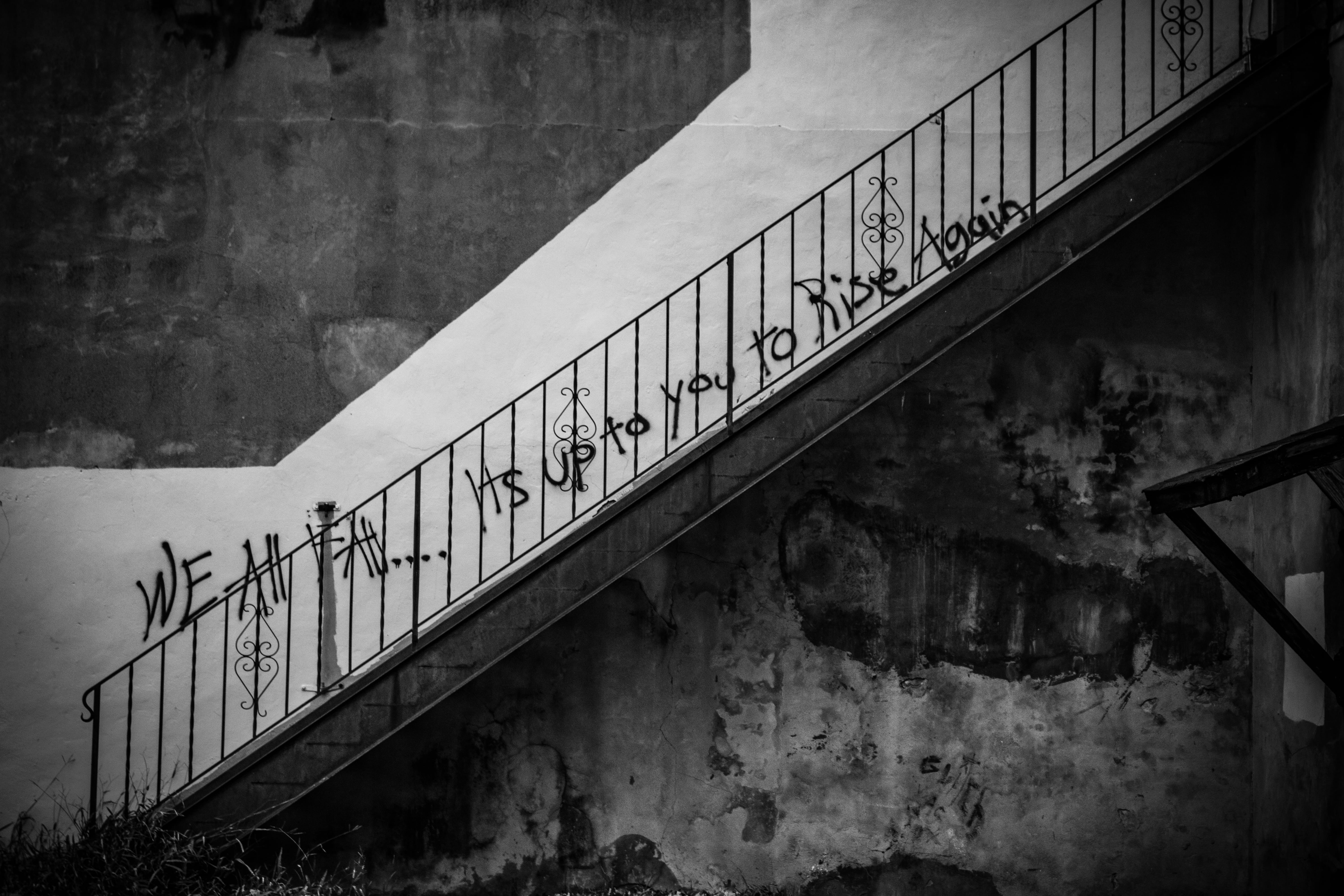 staircase, built Structure, urban Scene, message, rise, sign, old, black And White, we all go up, steps, gray, stairs, going up, wall - Building Feature, HD Wallpaper