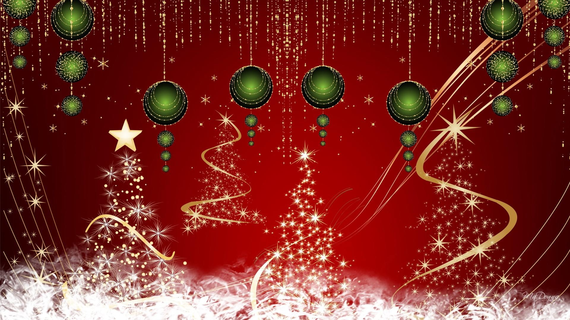 deluxe, green balls, 1080P, stream, feliz navidad, vintage, decorations, stars, sparkle, gold, ribbon, christmas, trees, HD Wallpaper