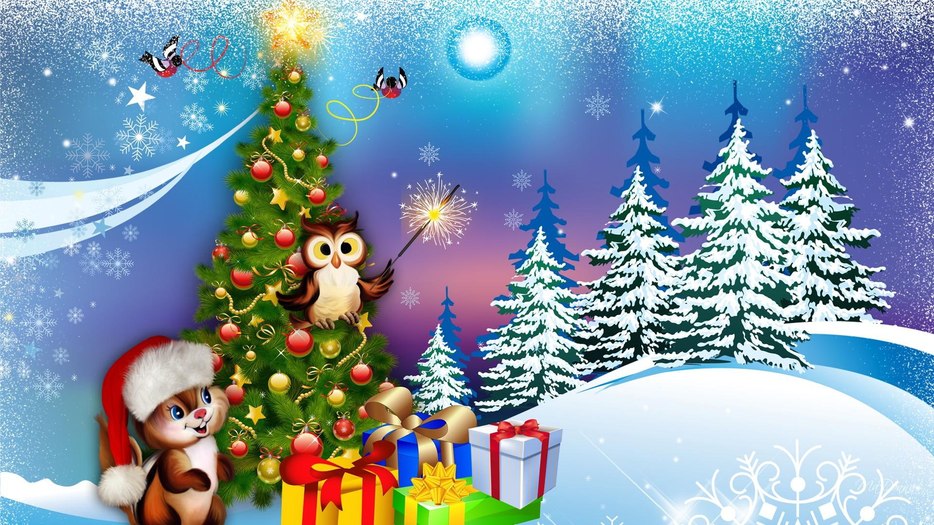 1080P, presents, stars, feliz navidad, decorations, birds, christmas, natures, snow, trees, whimsical, gifts, chipmunk, HD Wallpaper