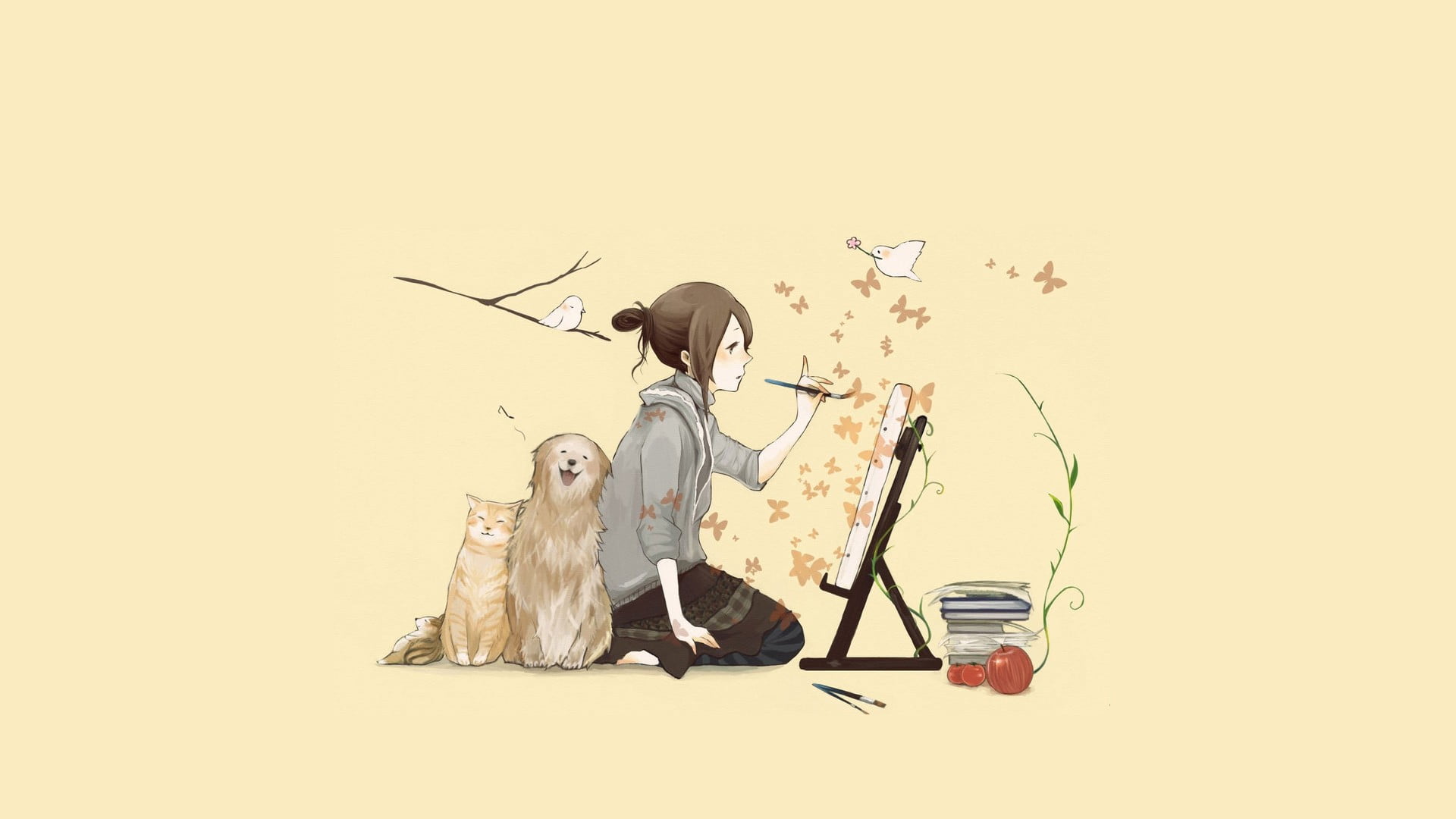 full length, original characters, sitting, painting, brown, female, dog, indoors, women, cat, haired, studio shot, nature, domestic animals, bird, character, HD Wallpaper