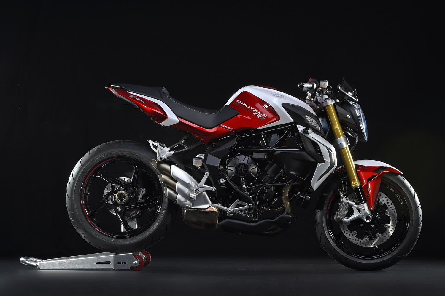 indoors, motorcycle, auto racing, customized, motor vehicle, MV agusta, metal, tire, motorsport, wheel, 720P, sports race, silver colored, red, black background, HD Wallpaper