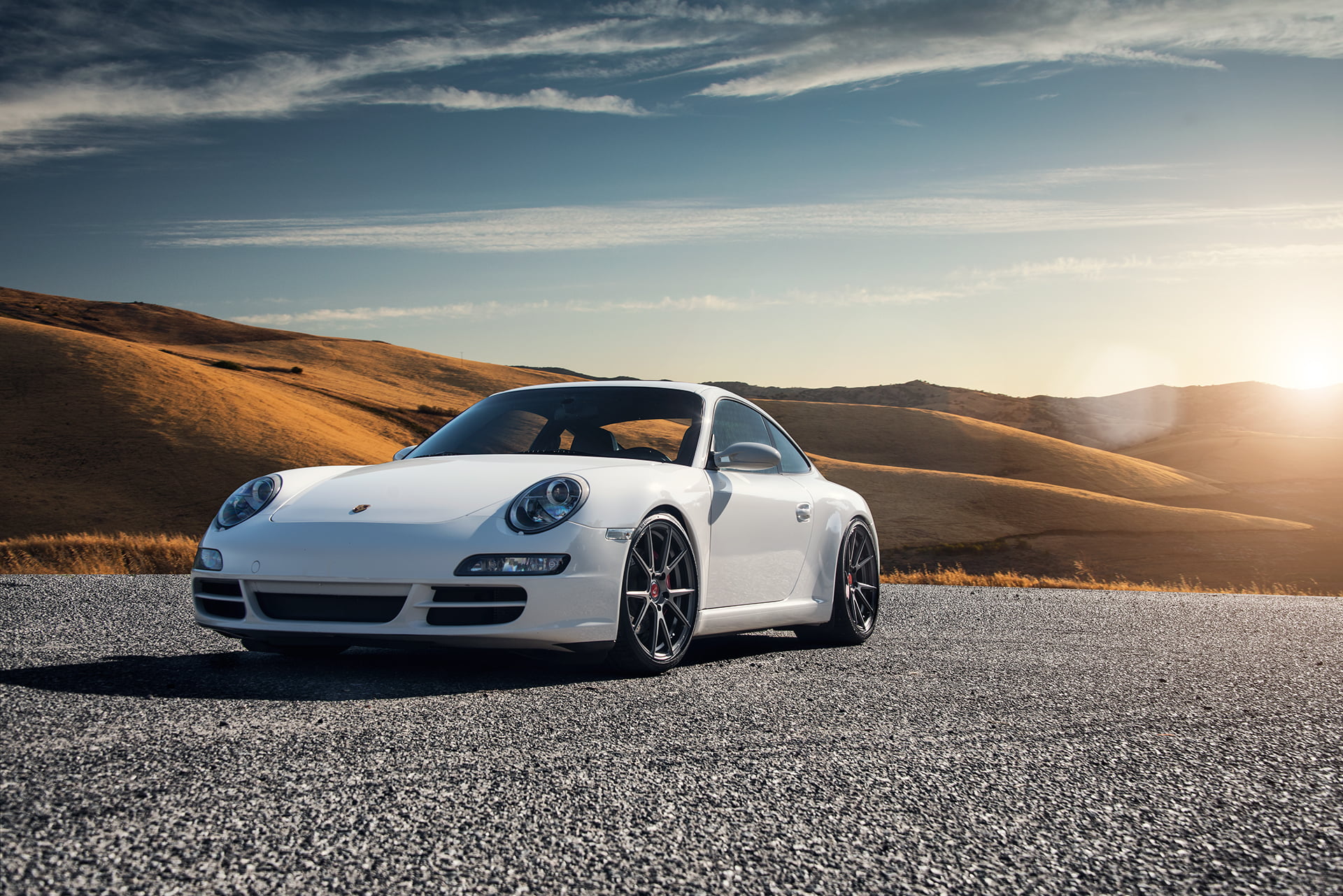 car, white, land vehicle, no people, porsche 997, sky, cloud - sky, road, sunset, travel, motor vehicle, carrera s, side view, sunlight, nature, 1080P, HD Wallpaper