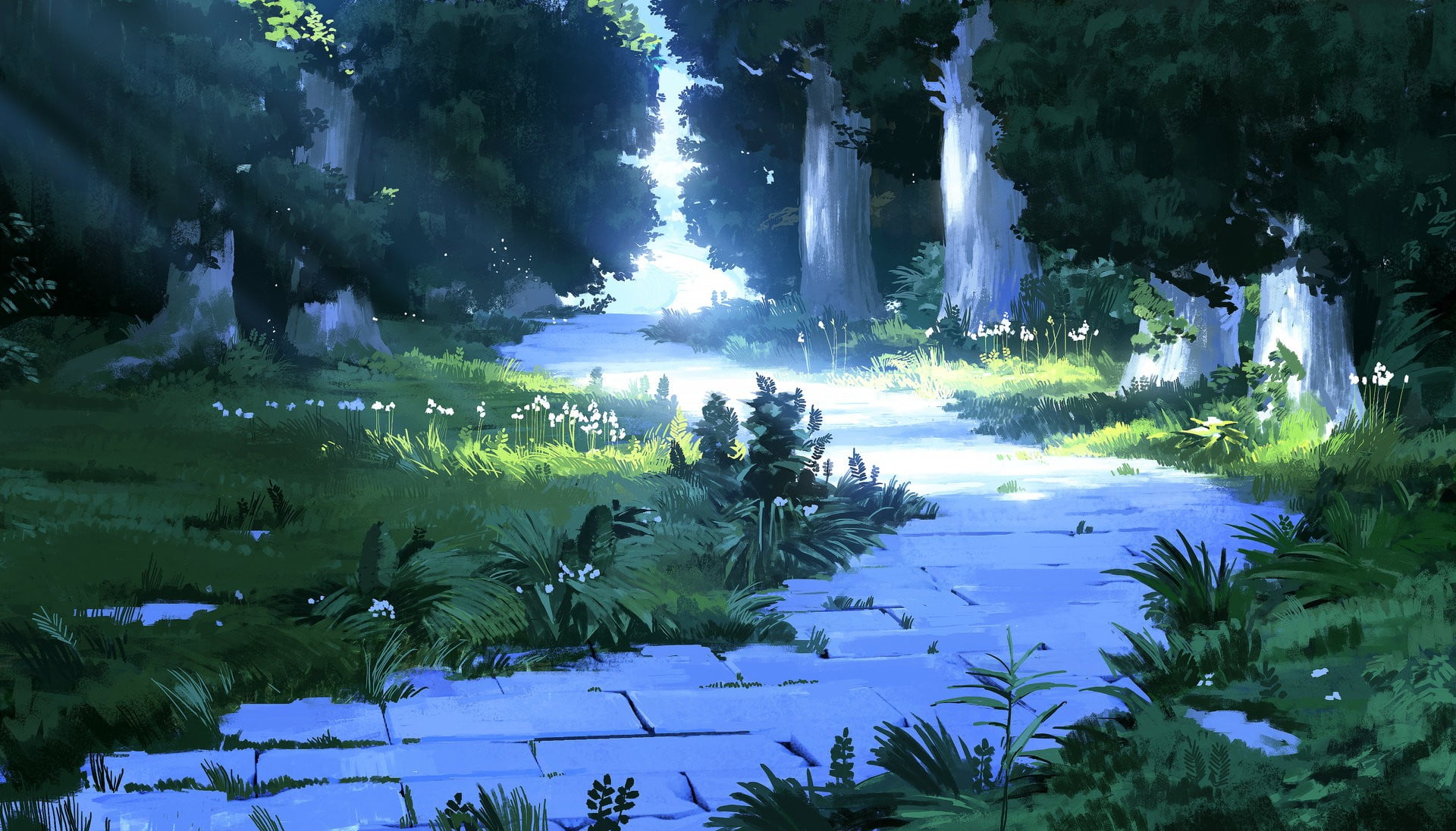 stairs, tranquility, water, motion, path, day, plant, non-urban scene, no people, nature, trees, forest, artwork, digital art, concept art, tree, 1080P, HD Wallpaper