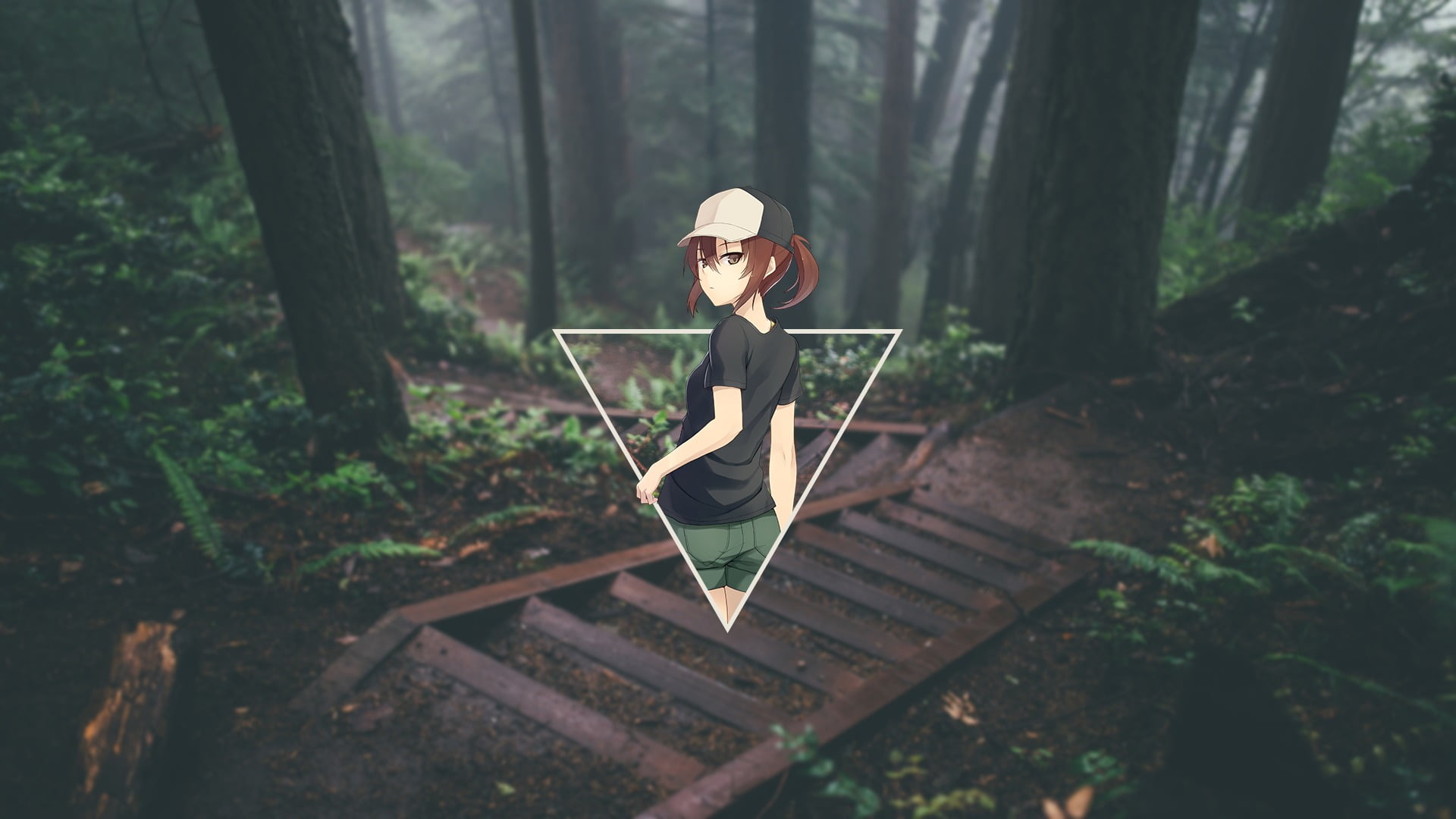 trunk, anime, one person, outdoors, young adult, full length, woodland, young women, brown, growth, blurred, nature, land, stairs, tree trunk, 1080P, plant, HD Wallpaper