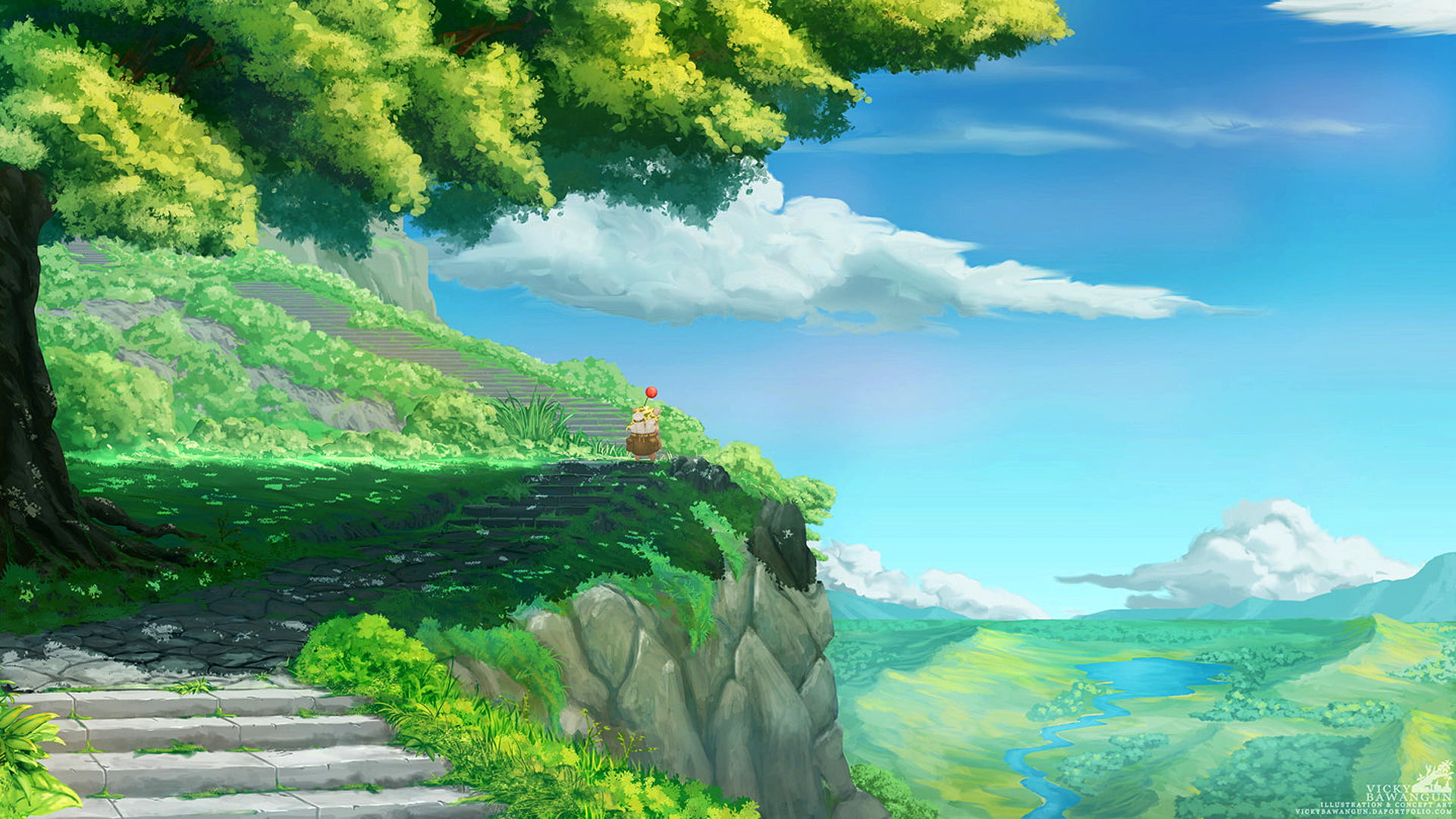 stiltzkin, landscape, river, 1080P, stairs, sky, video game characters, squaresoft, fantasy art, nature, Final Fantasy IX, artwork, clouds, Moogle, trees, HD Wallpaper