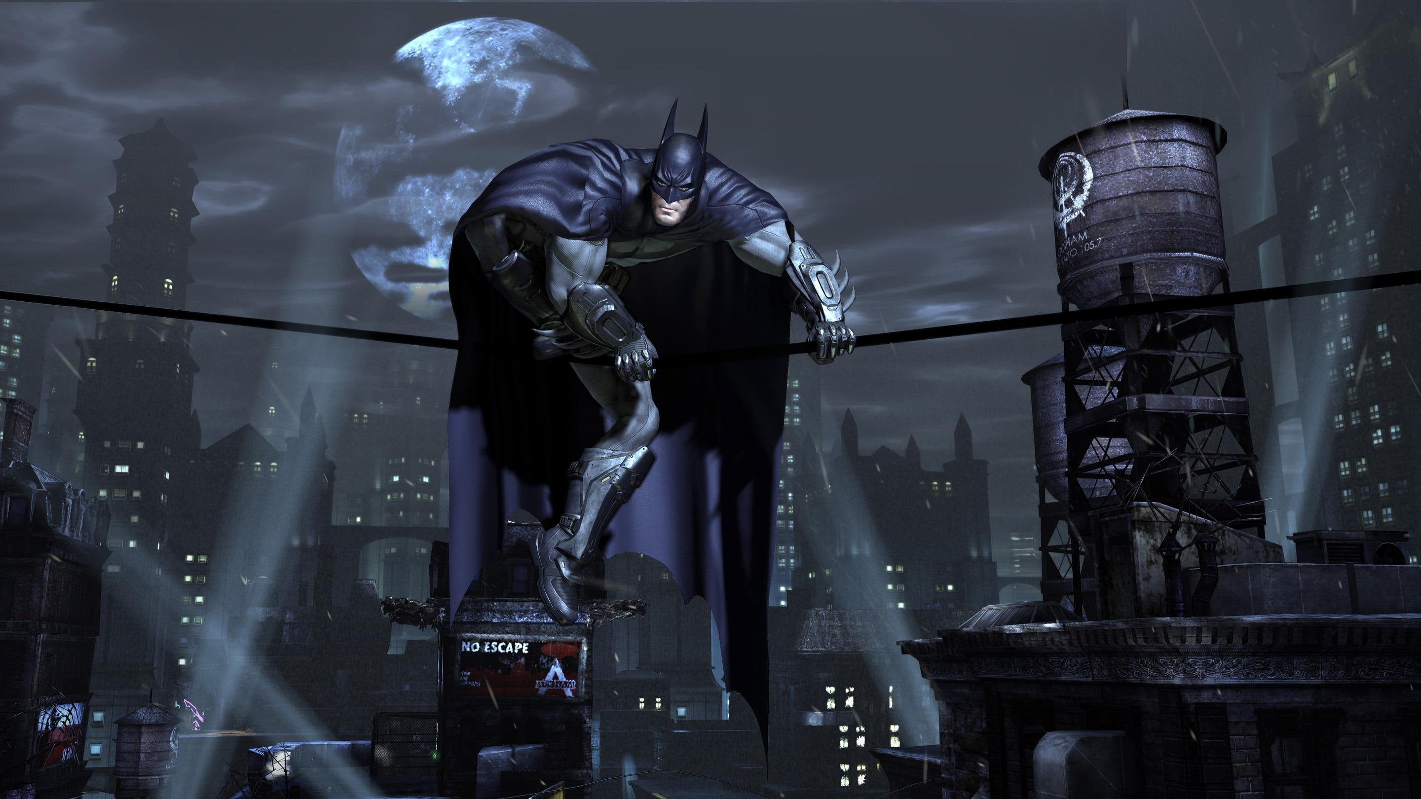 dark knight, night lights, cape, cartoon, movies, night, gotham, lights, city, superhero, batman, city gotham, moon, mask, 2K, HD Wallpaper