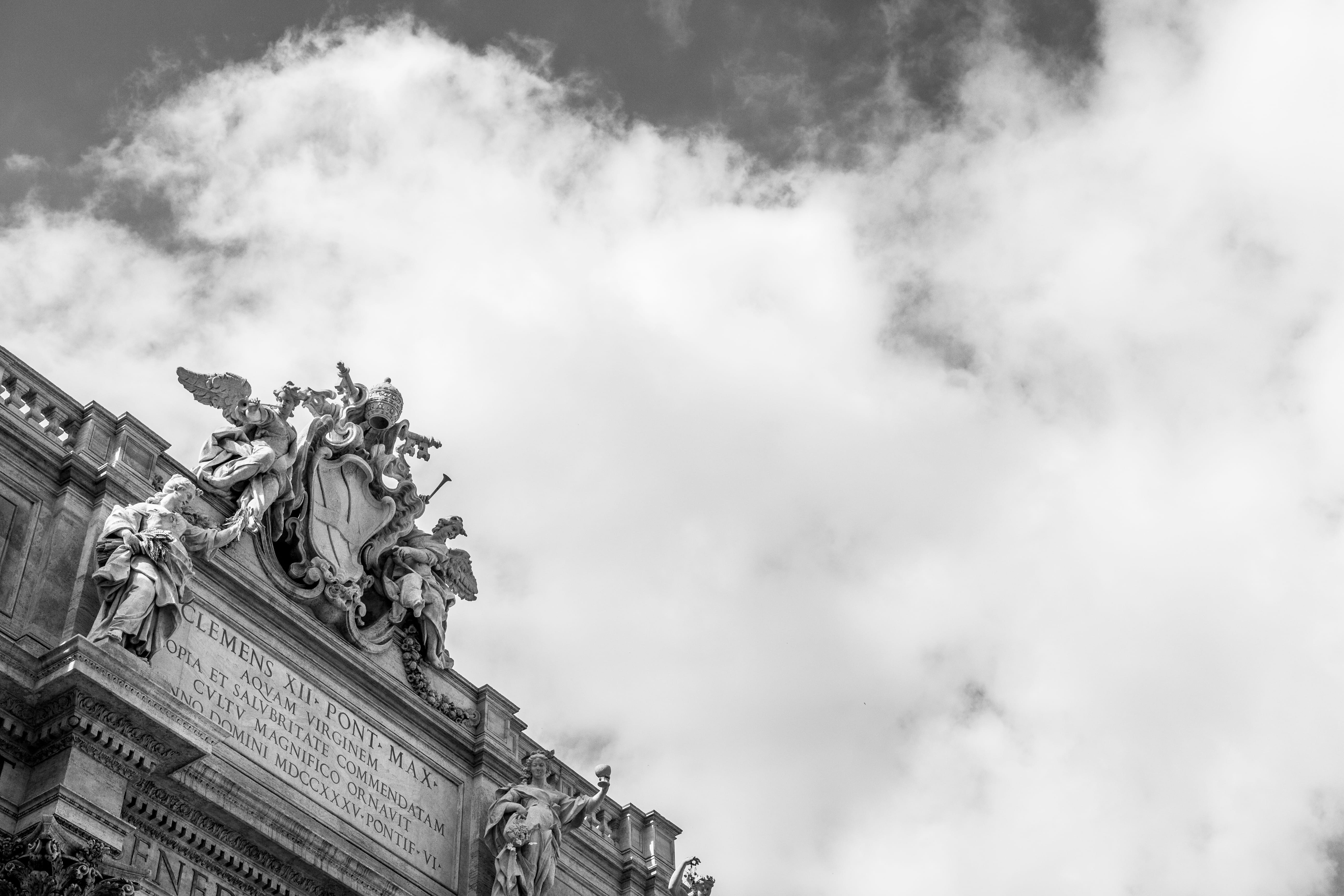 no people, old, statue, low angle view, built structure, black and white, sculpture, human representation, day, rome, history, 5K, male likeness, the past, HD Wallpaper