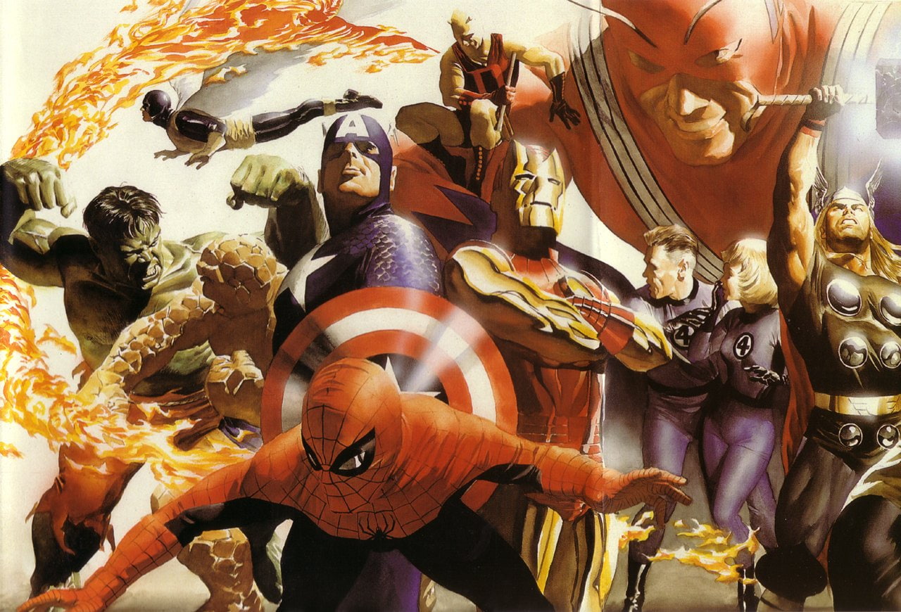 Collage, Spider-Man, 720P, Thing (Marvel Comics), Comics, Hulk, Mister Fantastic, Invisible Woman, Iron Man, Superhero, Human Torch (Marvel Comics), Captain America, HD Wallpaper
