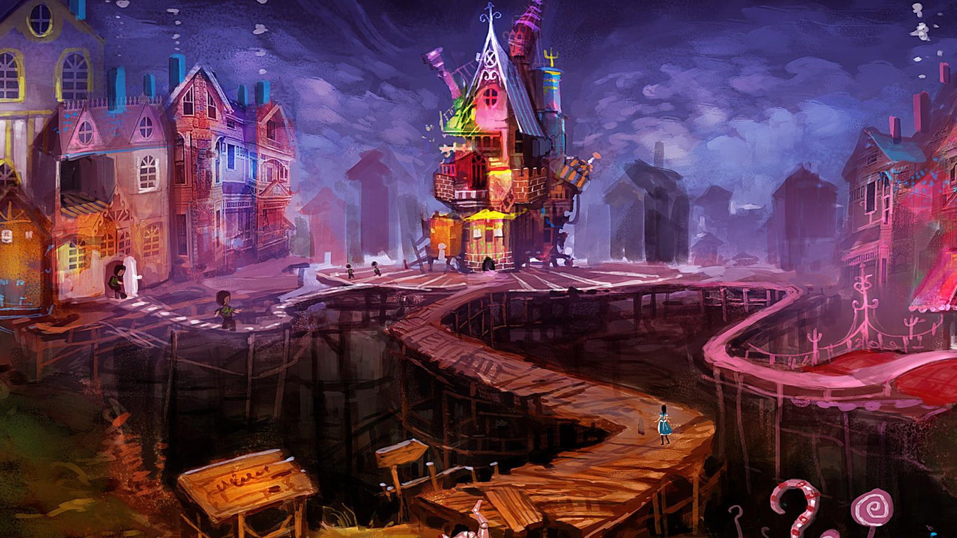 illuminated, travel, built structure, 1080P, street, spirituality, city, tower, motion, nature, Alice in Wonderland, architecture, Alice, outdoors, religion, HD Wallpaper