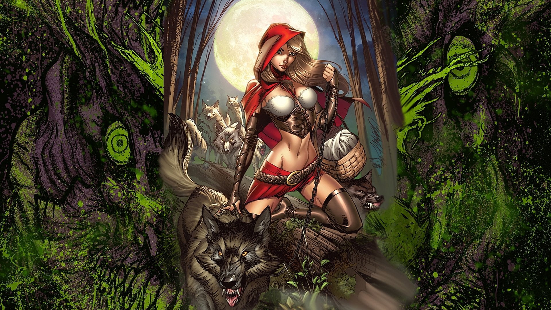 1080P, human representation, cat, real people, male likeness, nature, plant, women, Red Riding Hood, day, land, Comics, Grimm Fairy Tales, tree, people, HD Wallpaper