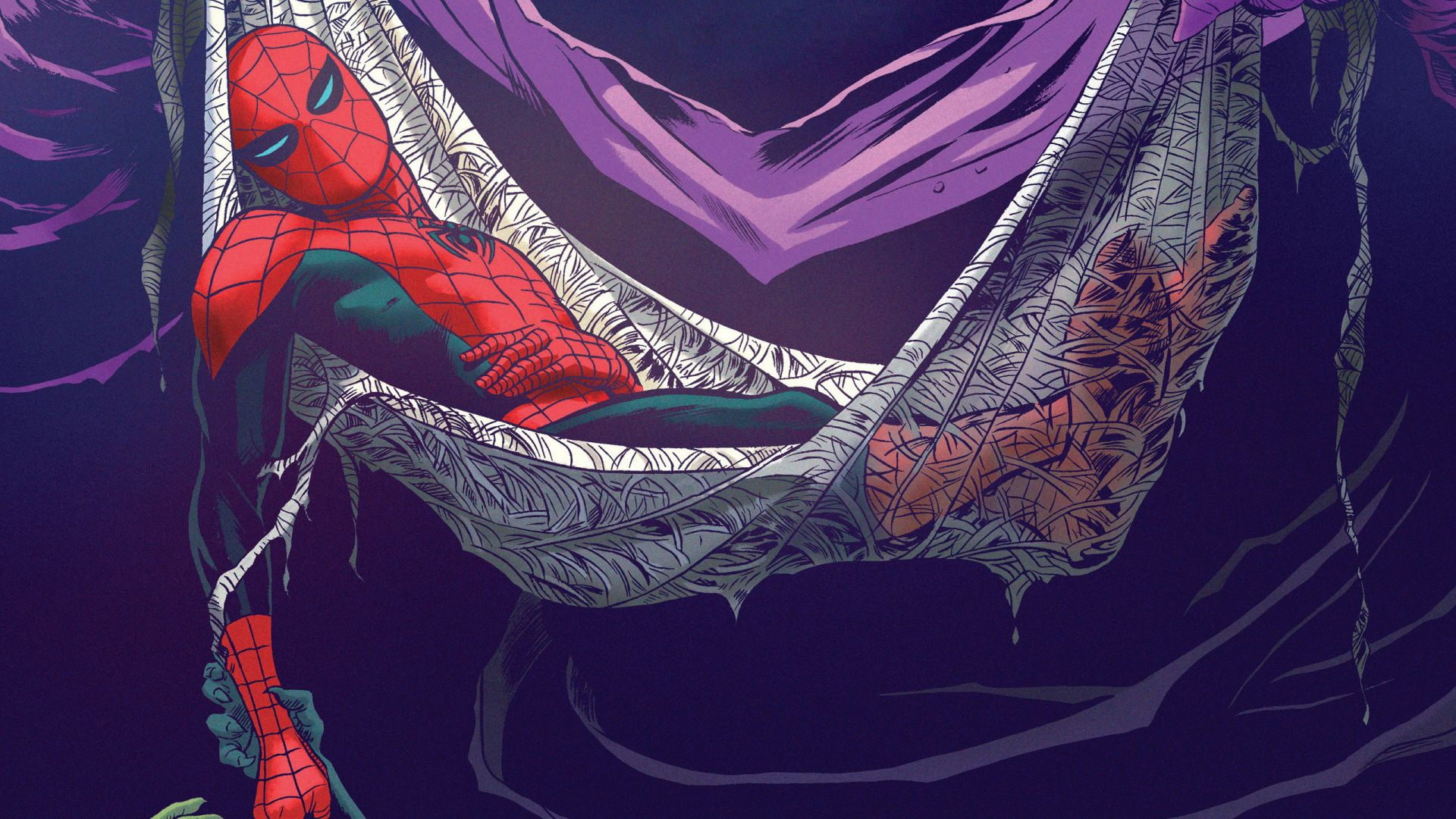hammock, purple, cartoon/comic, hd, man, marvel, spider, 1080P, HD Wallpaper