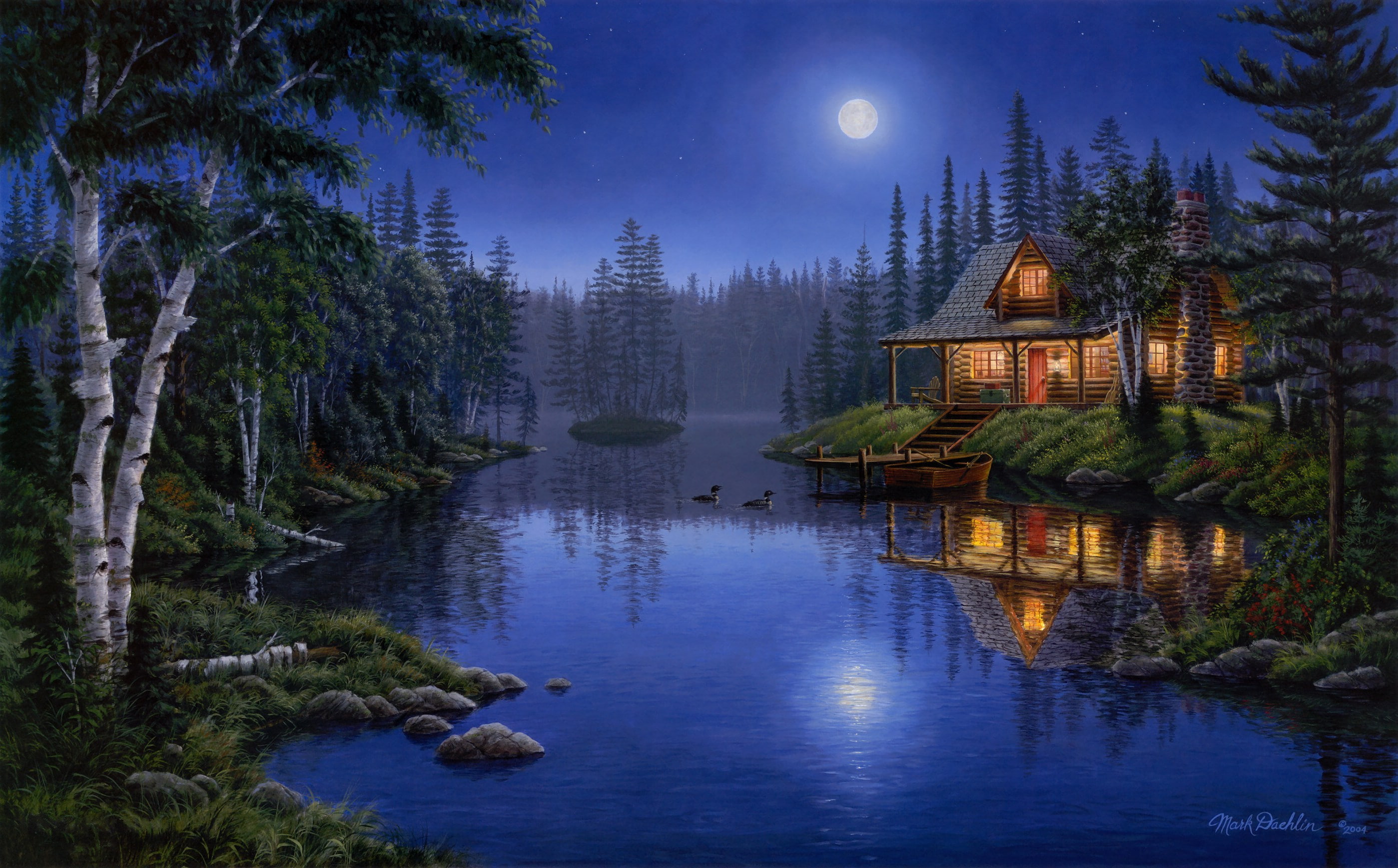moon, night, house, light, ducks, Mark Daehlin, Moonlight Serenade, forest, painting, lake, 2K, moonlight, HD Wallpaper