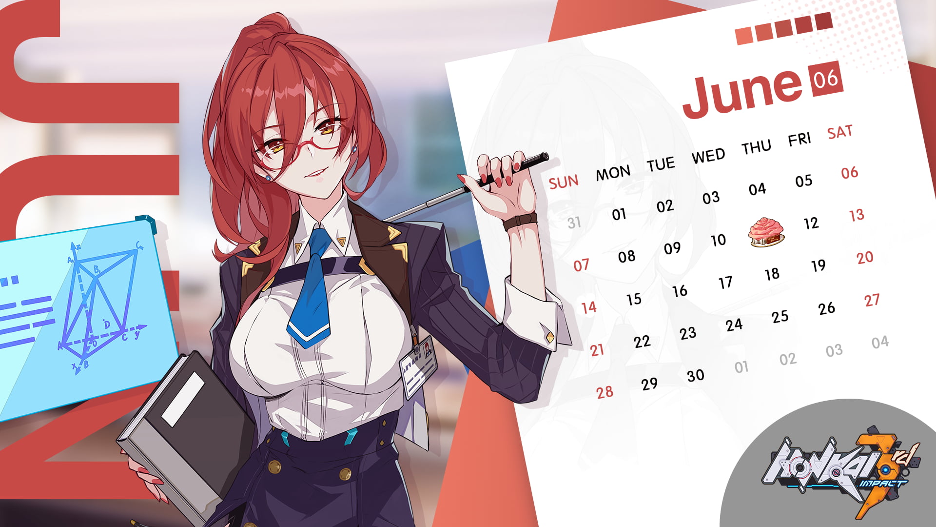 Honkai Impact, 1080P, Honkai Impact 3rd, Murata Himeko, long hair, redhead, artwork, video games, digital art, calendar, anime girls, HD Wallpaper