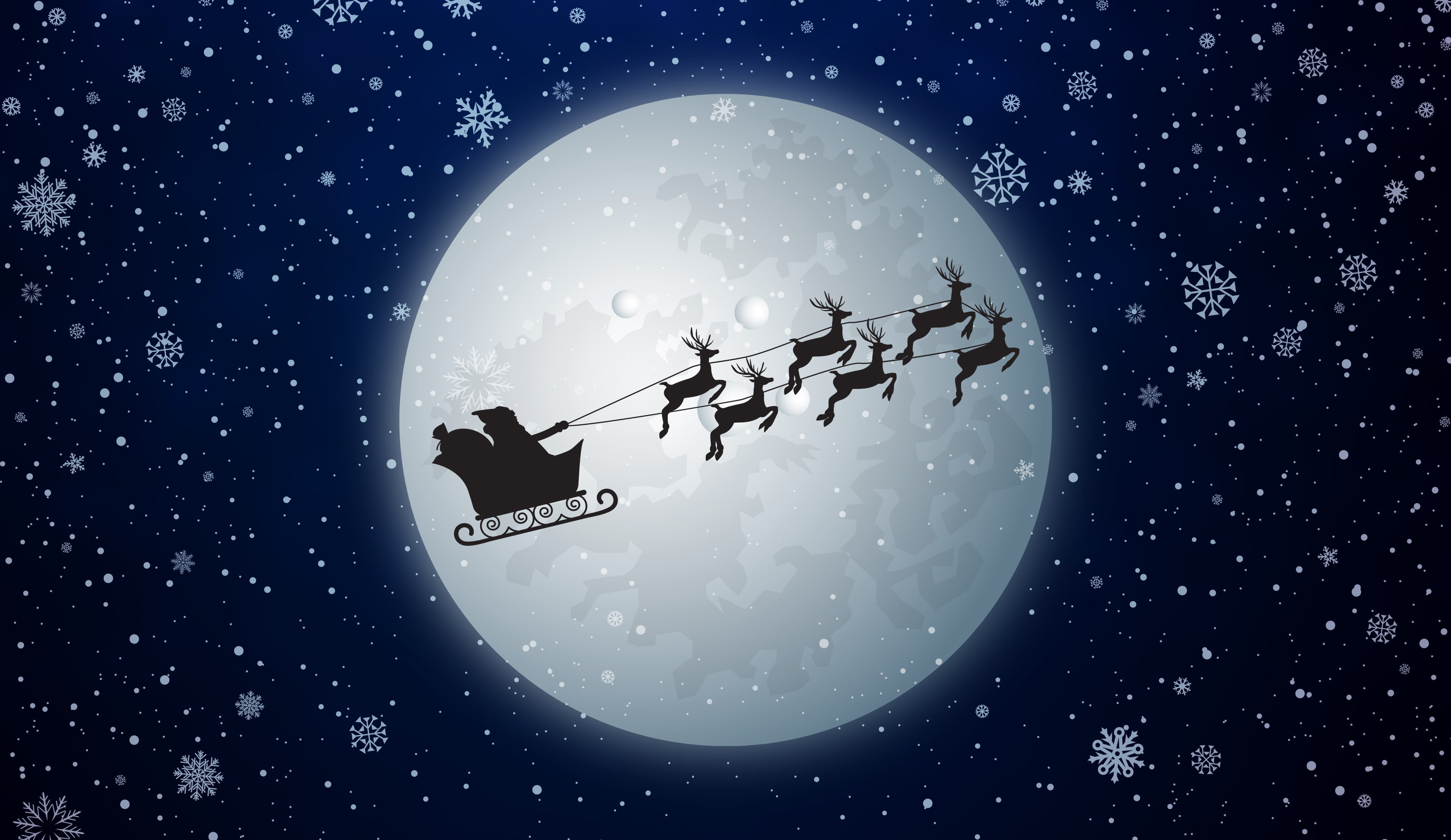 Santa Claus, Snowfall, Reindeer Chariot, 4K, Moon, 4K, HD Wallpaper