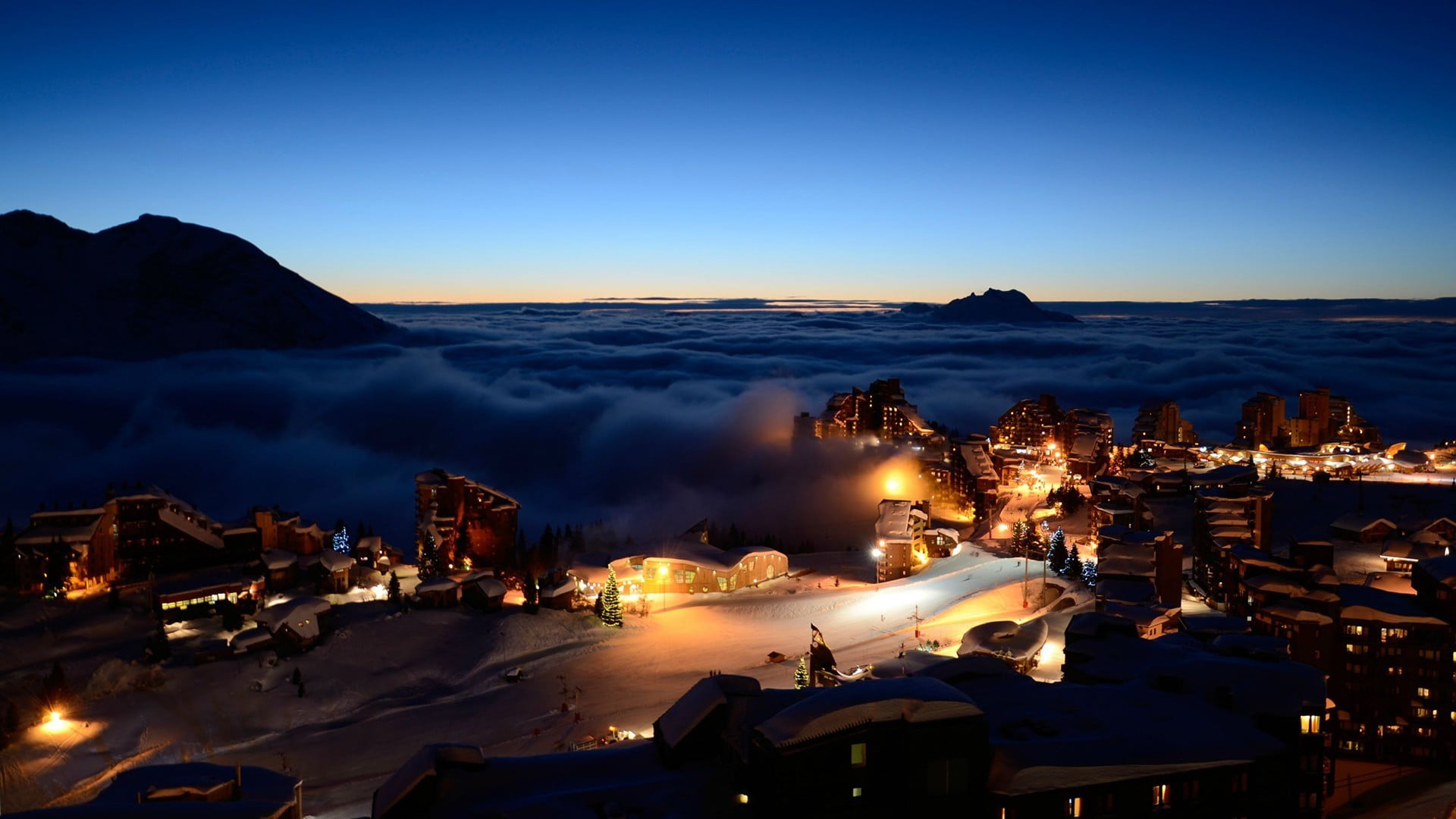 cold temperature, building exterior, city, ski resort, travel, blue, dusk, illuminated, mountain, Alps, overcast, sky, 1080P, built structure, no people, HD Wallpaper
