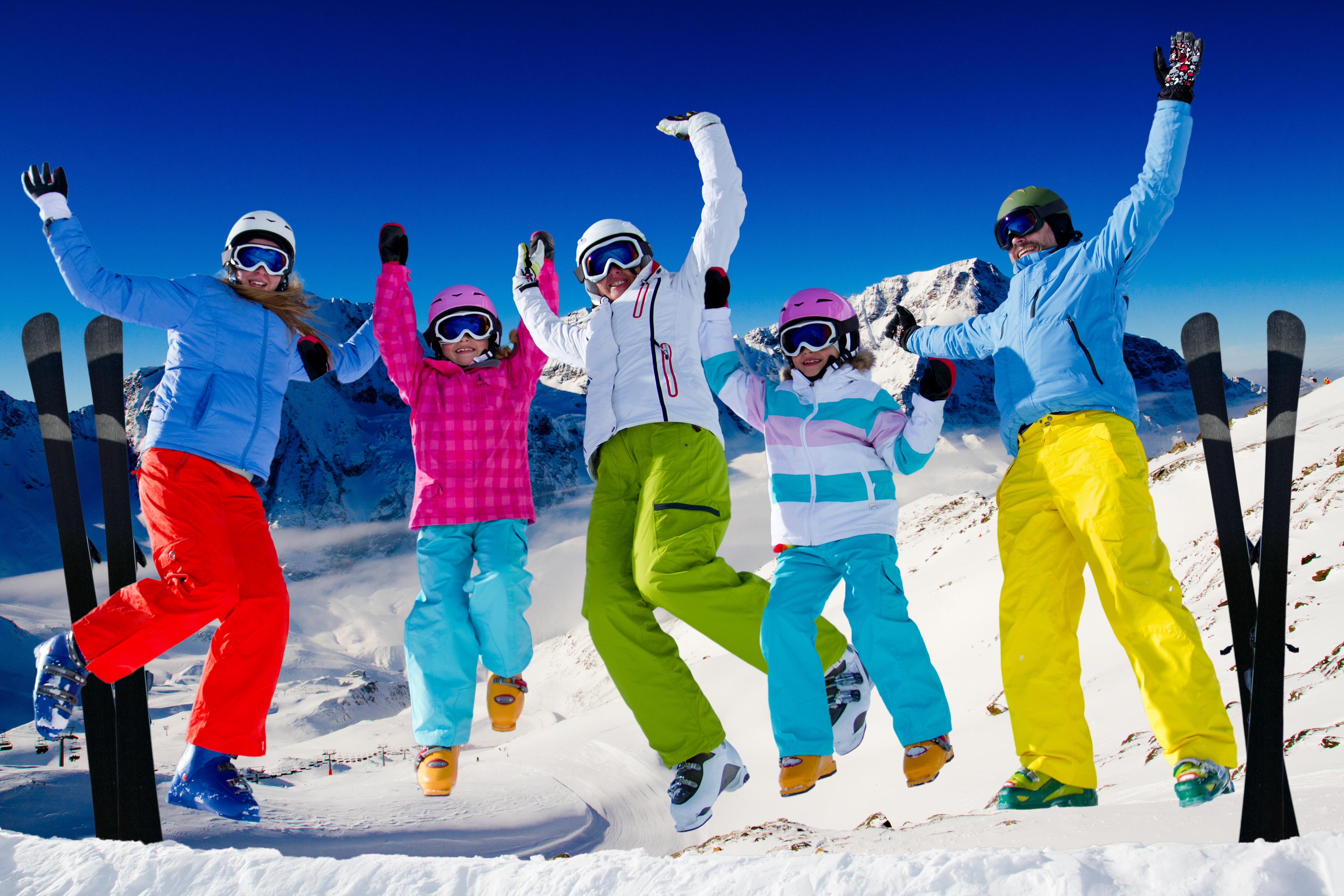 females, family, outdoors, caucasian Ethnicity, teamwork, arms raised, ski Goggles, mountain, positive emotion, cheerful, sports Helmet, adult, human limb, HD Wallpaper