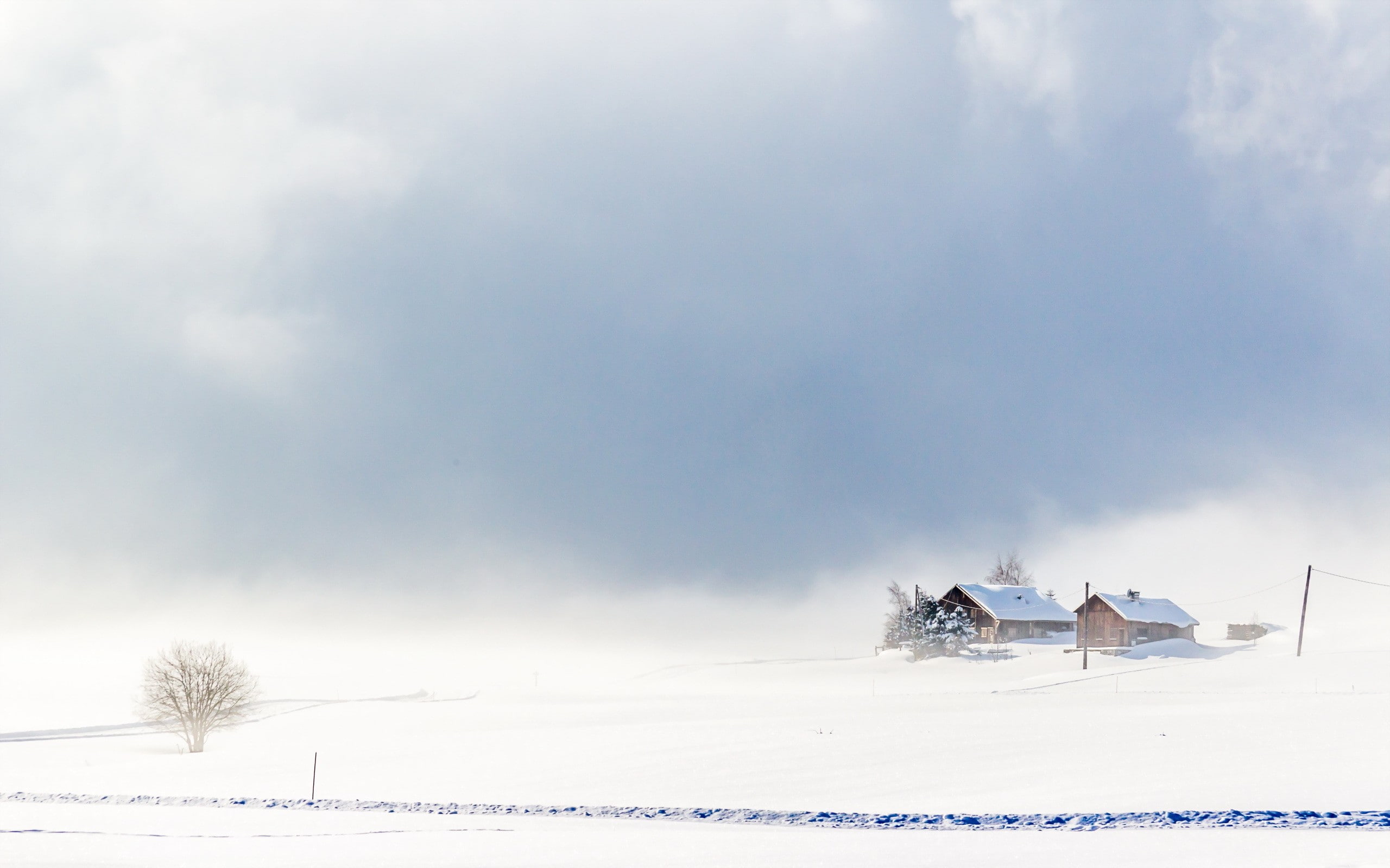 covering, sky, cabin, sunlight, clouds, winter, tranquil scene, nature, snow, house, no people, 2K, bright, environment, ski resort, cold temperature, HD Wallpaper