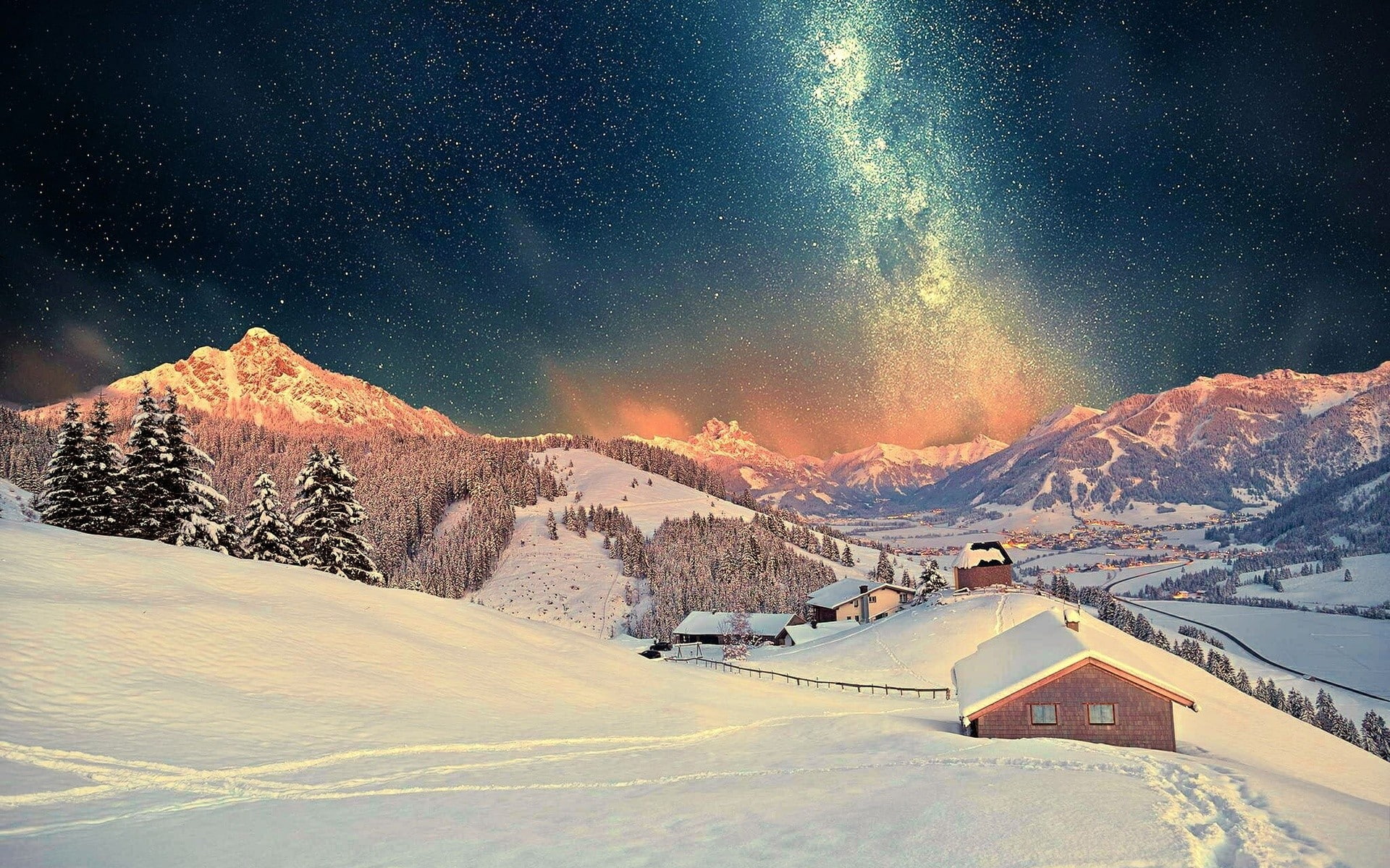 snowcapped mountain, tranquility, mountain range, sky, milky way, architecture, landscape, no people, cold temperature, night, 1080P, nature, snow, scenics - nature, HD Wallpaper