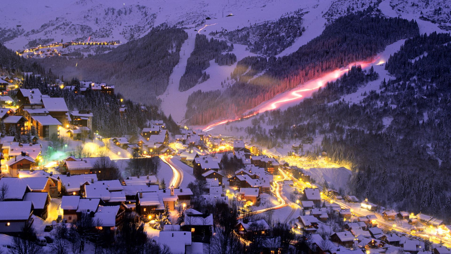 fantastic, nature and landscapes, ski, city, photo, 1080P, mountains, night, resort, lights, snow, covered, HD Wallpaper