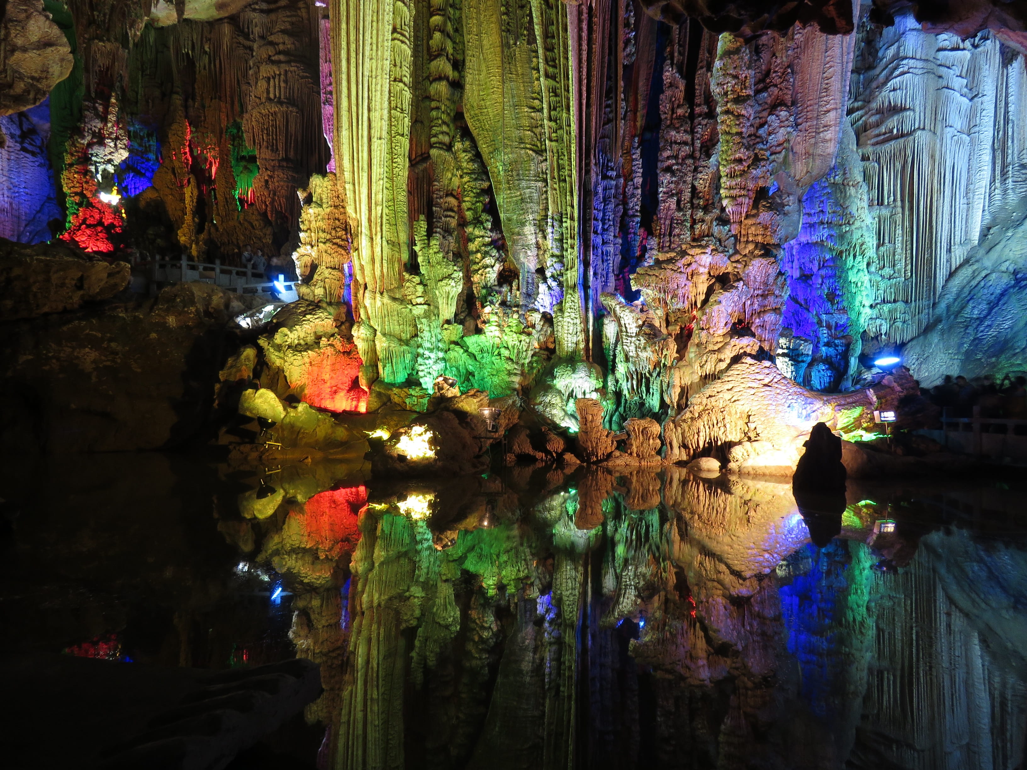 multi colored, lighting equipment, stone, indoors, pattern, spectacular, plant, nature, rock, 2K, illuminated, night, karst, water, tree, no people, china, HD Wallpaper