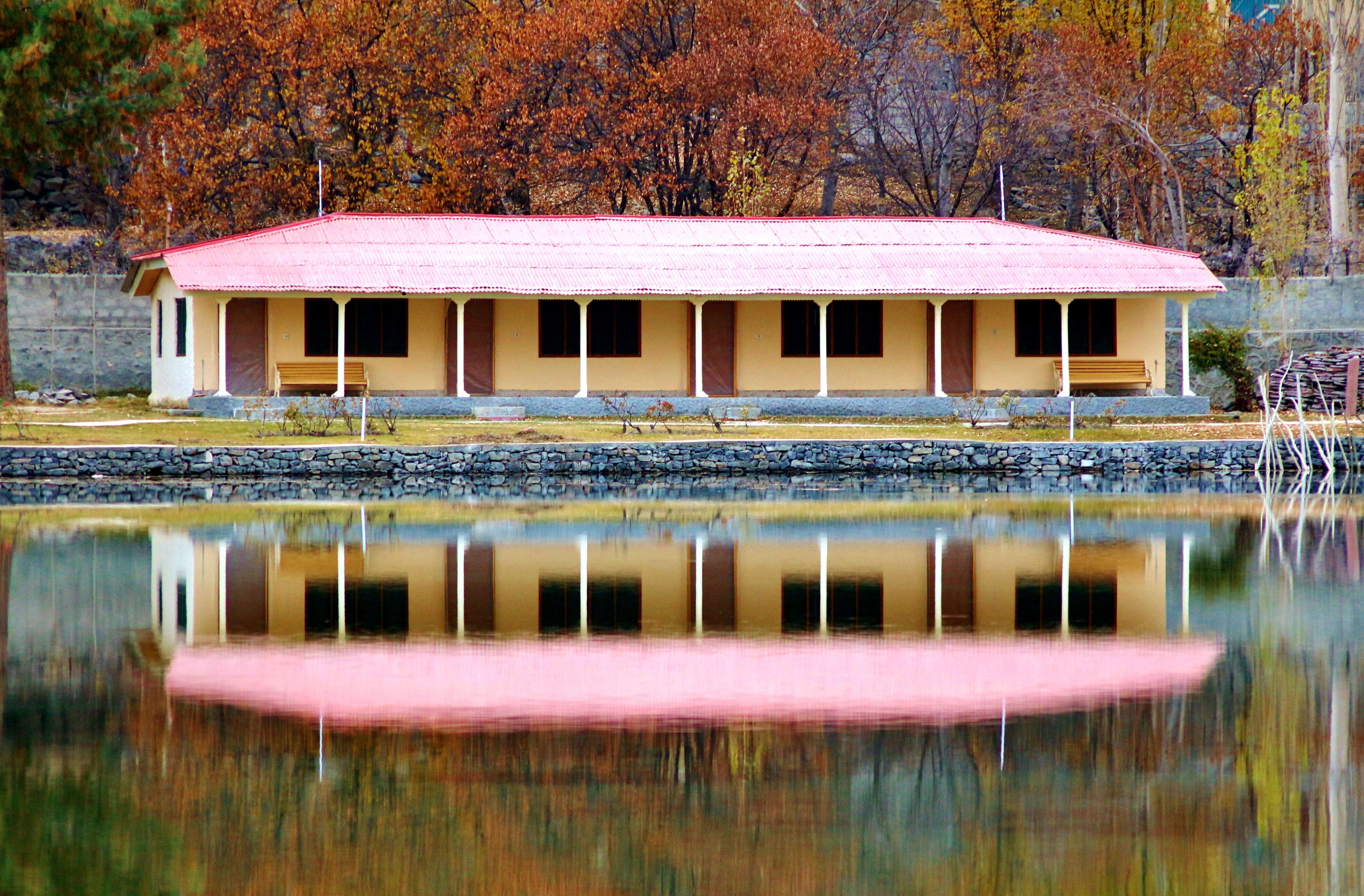 lower kachura lake, built structure, growth, adventure, plant, himalaya, karakoram, water, pakistan, nature, peak, beauty in nature, shangri-la, tree, reflection, HD Wallpaper