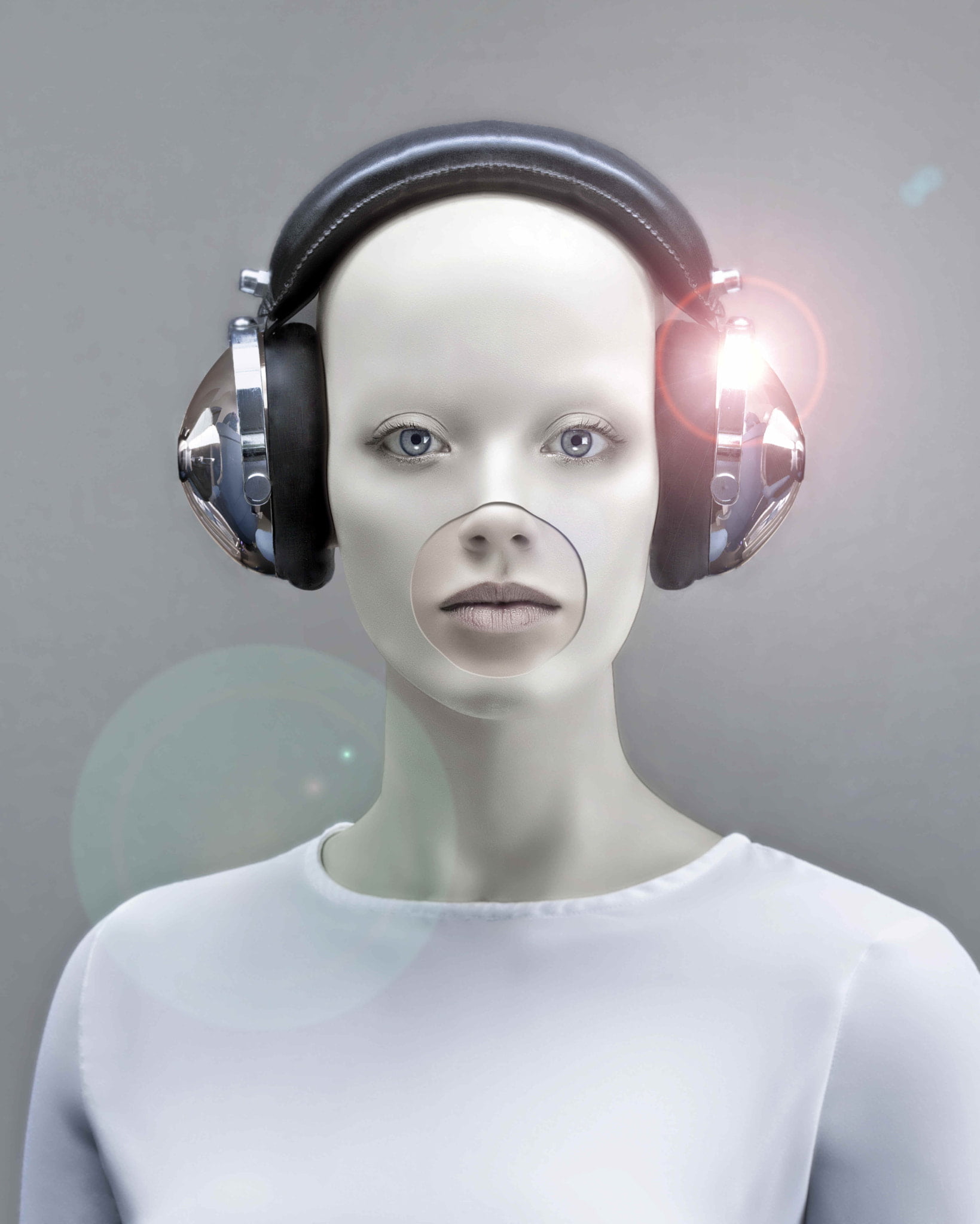 500px, representation, indoors, portrait, futuristic, studio shot, robot, headshot, lens flare, human face, Götwin van Bergen, front view, looking at camera, Phone HD Wallpaper