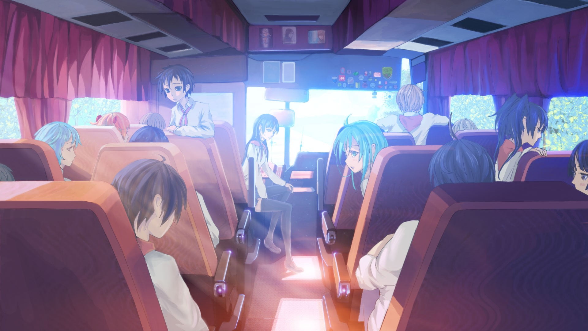 sun rays, schoolgirl, Everlasting Summer, characters, buses, schoolboys, real people, illuminated, mode of transportation, seat, leisure activity, large group of people, HD Wallpaper
