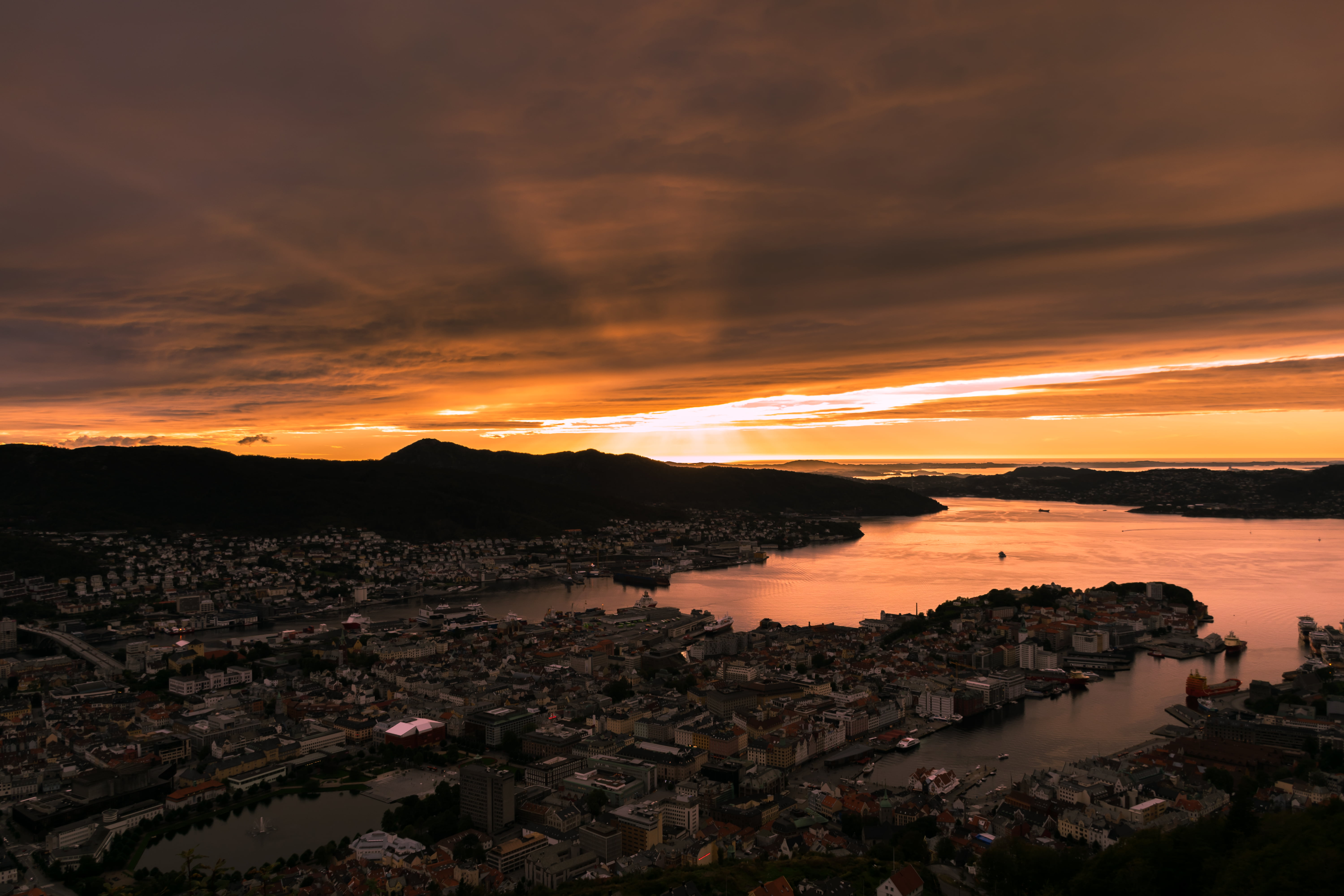 night, houses, aerial, dusk, aerial photography, 5K, outdoors, light, Bergen, sunset, harbor, body of water, Nikon, Norway, coastline, near, water, body, HD Wallpaper