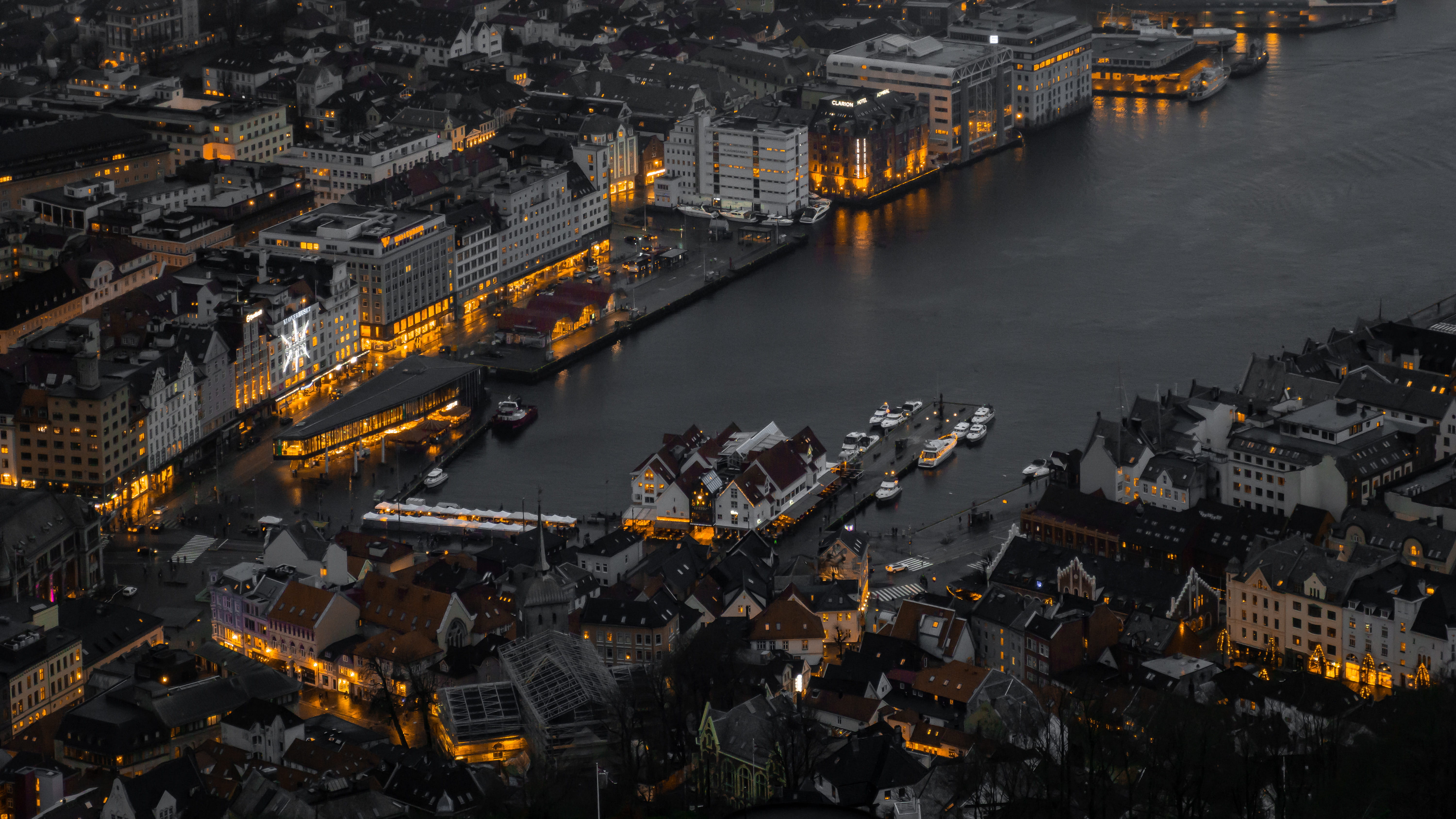 dusk, gray, bergen, outdoors, intersection, town, architecture, landscape, river, metropolis, nature, water, photo, building exterior, vehicle, high angle view, HD Wallpaper