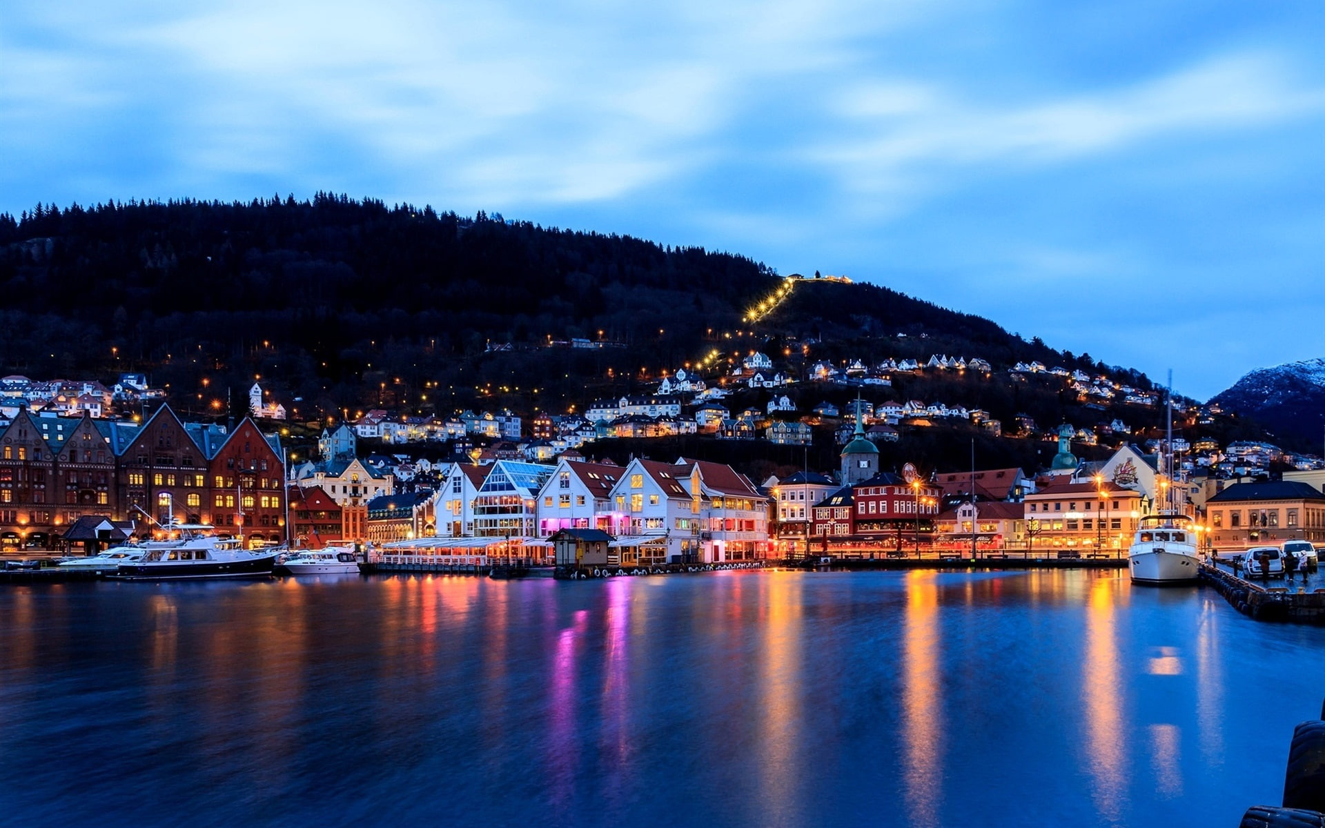 Boat, Houses, Evening, Bergen, Dock, City, Sea, 1080P, Lights, Norway, HD Wallpaper