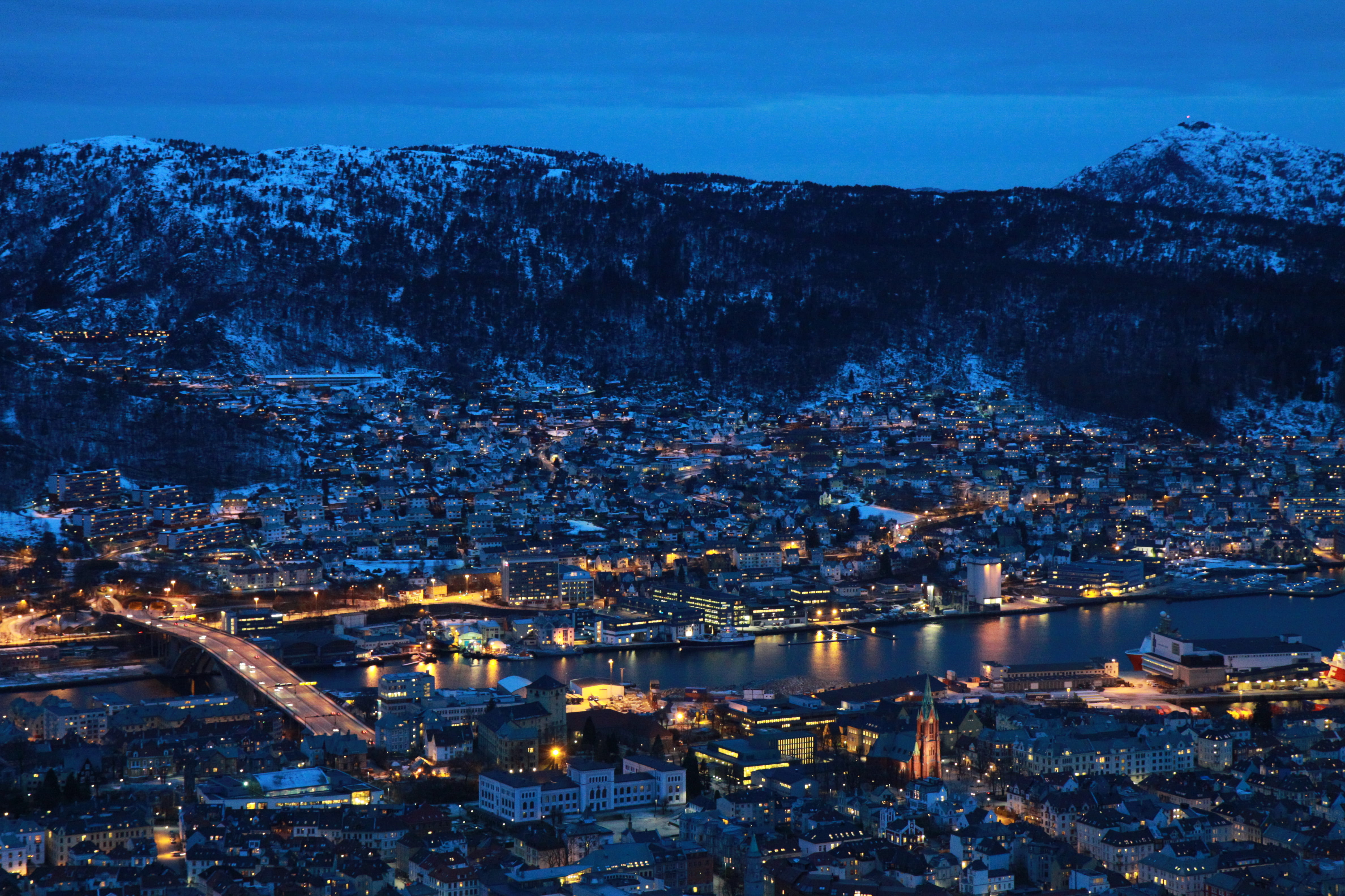 mountain, snow, town, city, architecture, built structure, buildings, cold temperature, sky, residential district, water, dusk, blue, nature, 4K, plant, HD Wallpaper