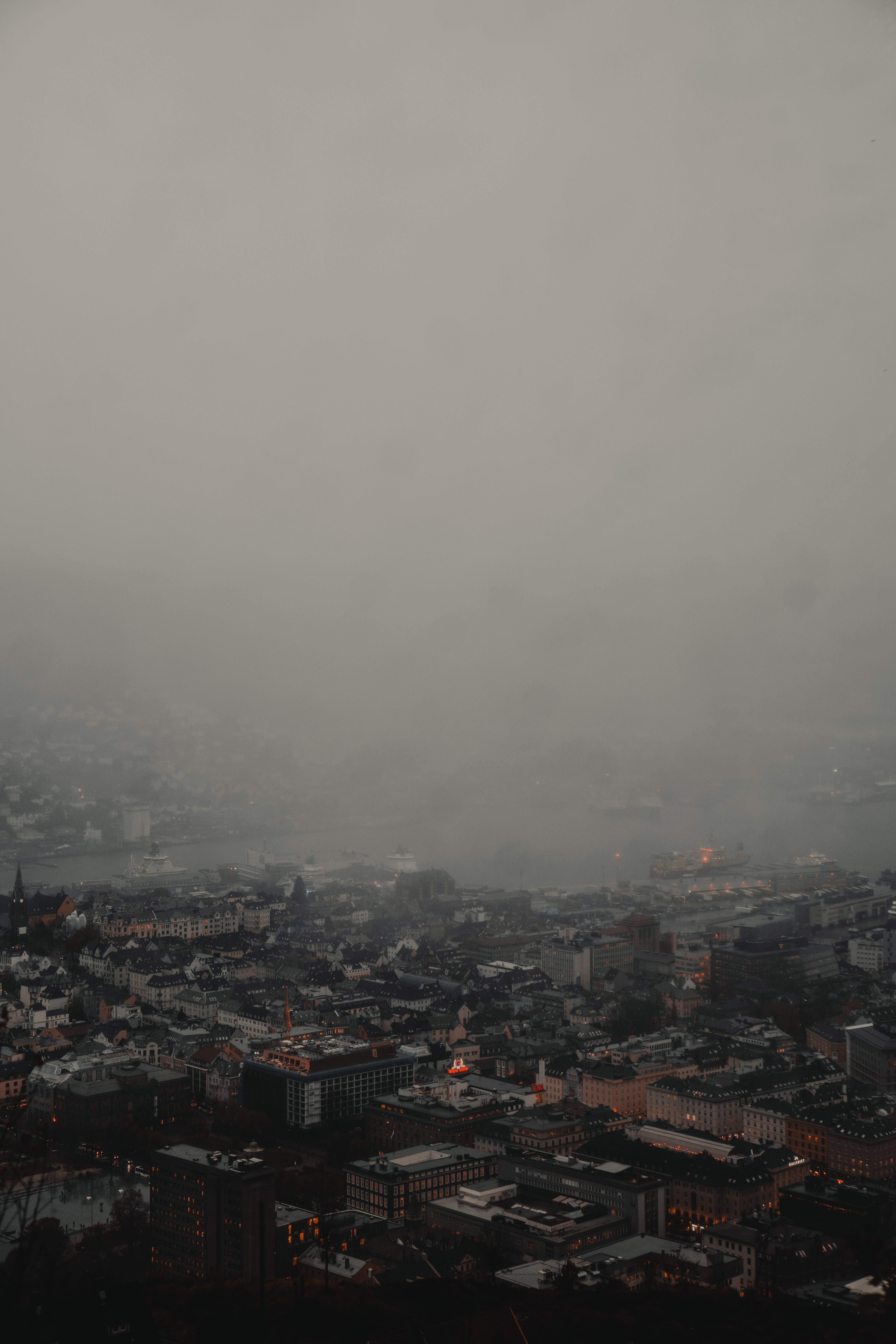 scenery, metropolis, bergen, cloud - sky, outdoors, building exterior, mist, nature, built structure, norway, town, aerial view, fog, residential district, Phone HD Wallpaper