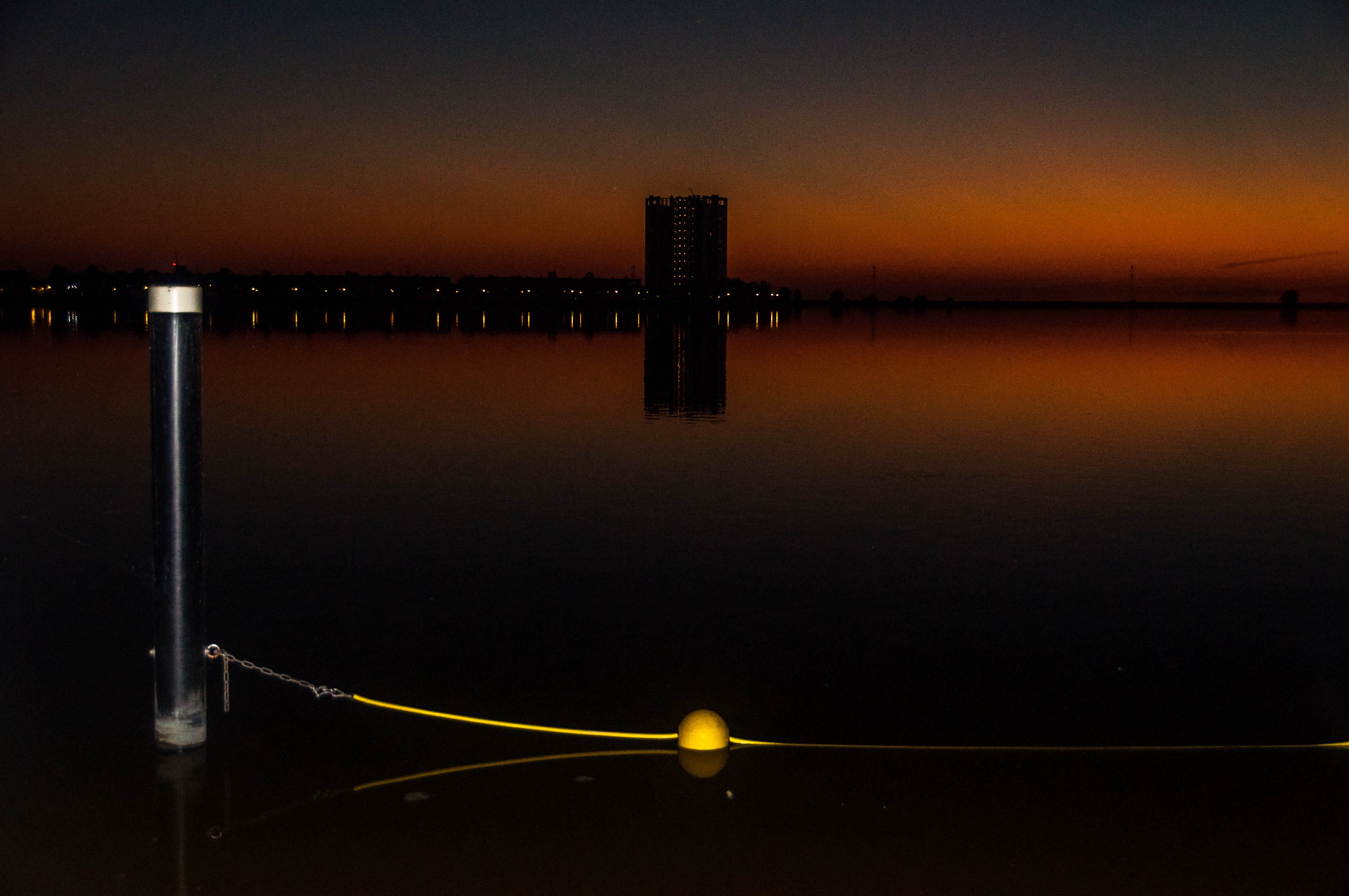 reflection, beauty in nature, pier, outdoors, netherlands, night, dusk, connection, nature, yellow, sea, illuminated, no people, scenics - nature, 4K, HD Wallpaper
