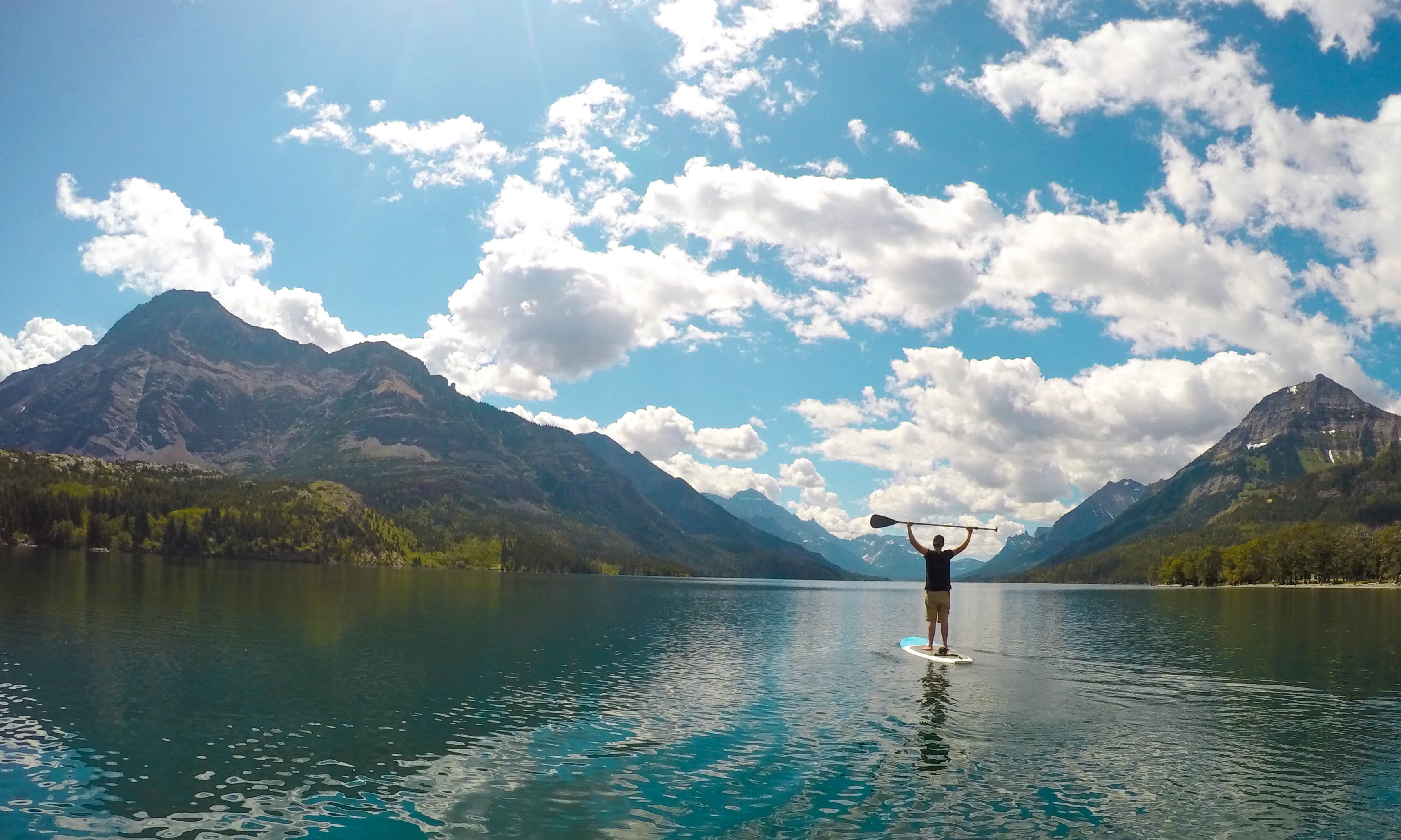 one person, stand up paddle, mountains, national park, mountain, beauty in nature, tranquility, canada, real people, mountain range, waterton park, sup, HD Wallpaper