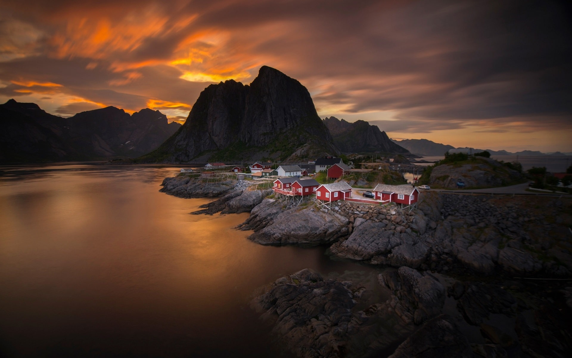 Sky, 1080P, Norway, Village, Sunset, House, Mountain, Clouds, Sea, HD Wallpaper