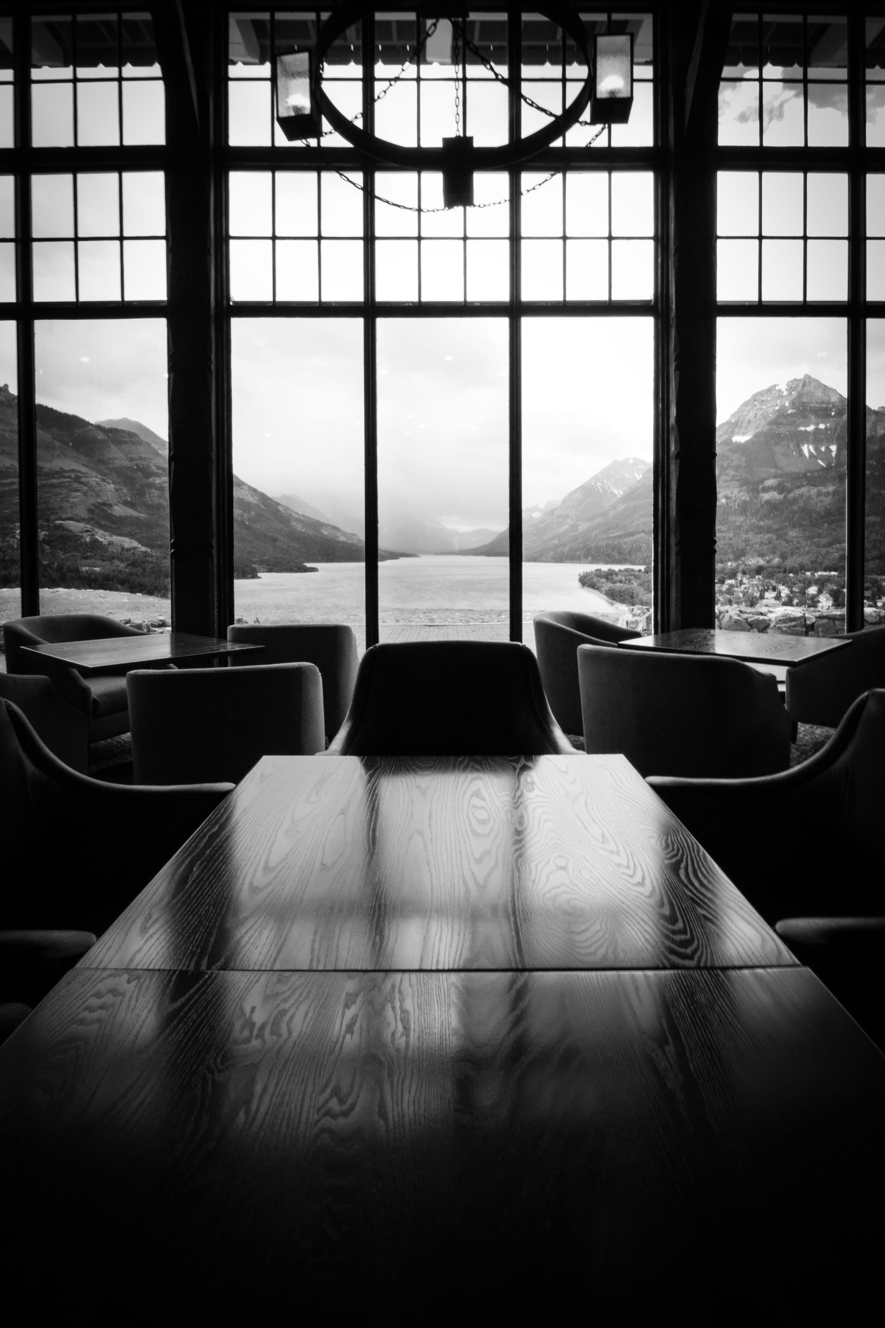 table, seat, sky, hotel, wood, nature photography, still, empty, view, clouds, day, mountain view, wood table, waterton park, chairs, nature, furniture, Phone HD Wallpaper