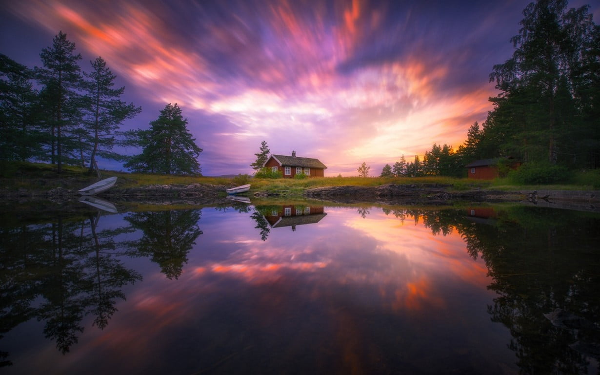 cottage, Norway, tranquility, 480P, nature, house, cloud - sky, sky, water, architecture, beauty in nature, tranquil scene, waterfront, brown, landscape, HD Wallpaper