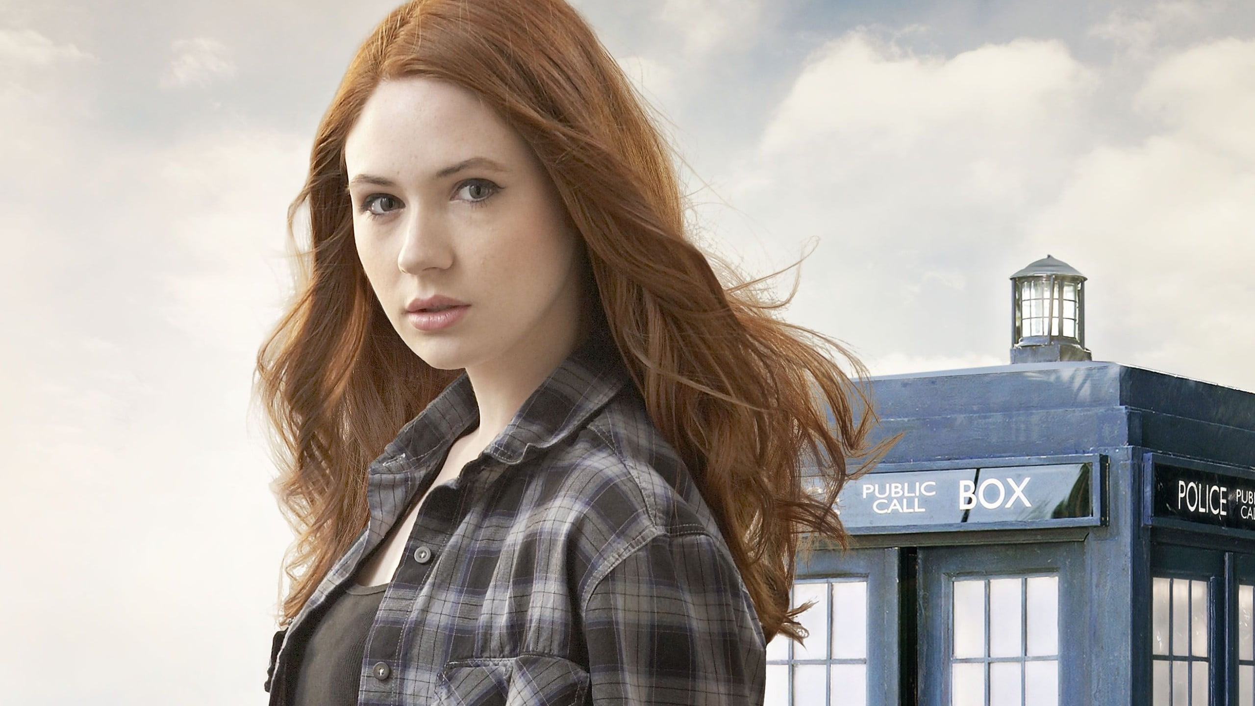 beautiful woman, face, hairstyle, Karen Gillan, sky, young adult, brown hair, young women, women, contemplation, front view, Doctor Who, 2K, long hair, HD Wallpaper