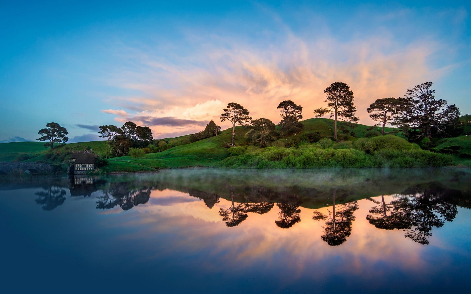 720P, mist, hills, reflection, landscape, nature, water, lake, trees, The Hobbit, HD Wallpaper