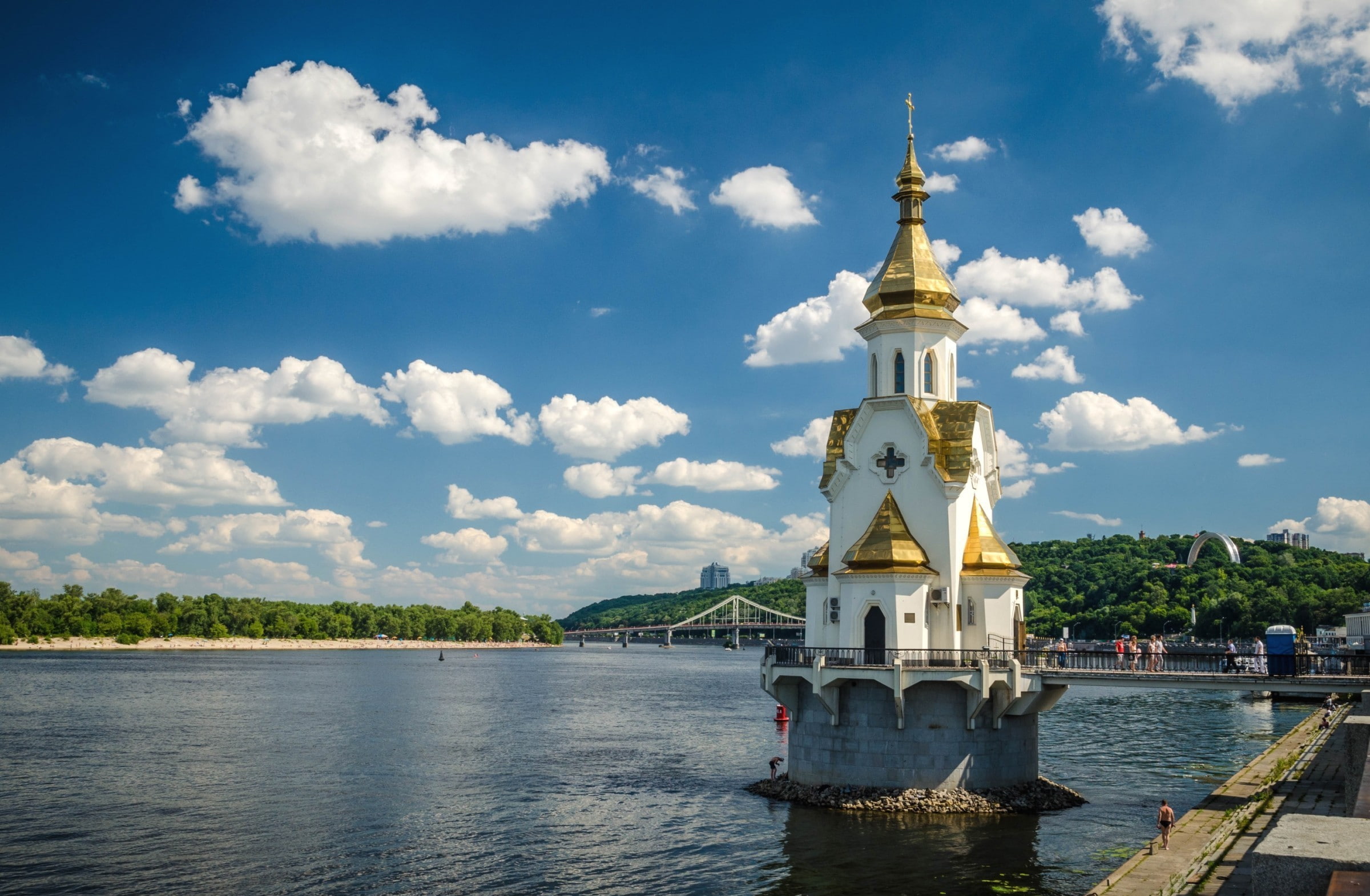 trees, temple, clouds, Dnieper river, nicholas, Nicholas Temple, embankment, Ukraine, Kiev, 1080P, sky, HD Wallpaper