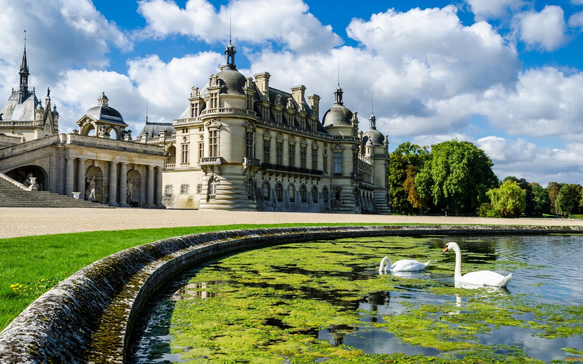 France, sky, lake, clouds, plant, castle, day, reflection, birds, building exterior, travel, cloud - sky, statue, animal themes, nature, no people, travel destinations, HD Wallpaper
