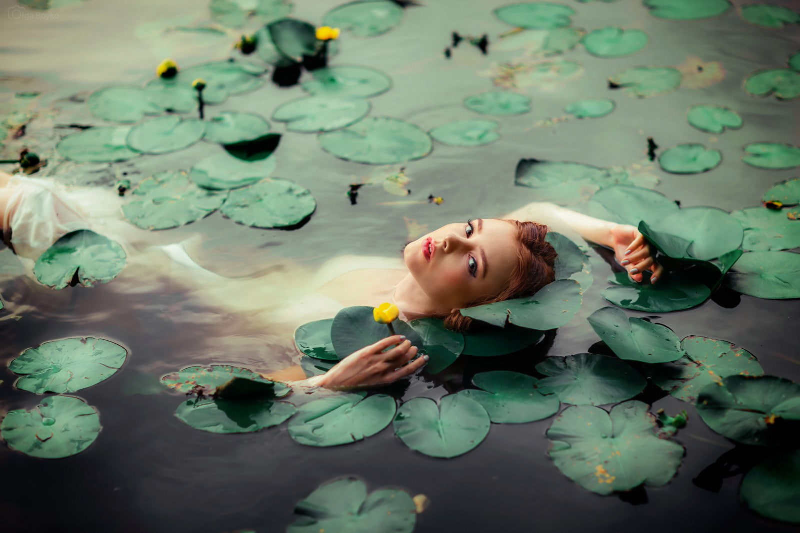 redhead, women, brown eyes, pond, 720P, Alexandra Girskaya, Olga Boyko, wet clothing, face, wet hair, swimming, red lipstick, women outdoors, HD Wallpaper