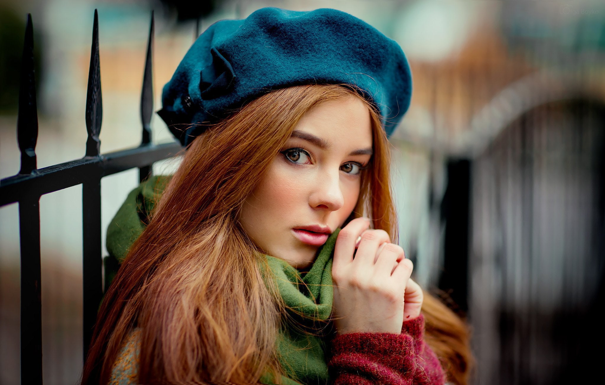 portrait, berets, women outdoors, redhead, face, red sweater, looking at viewer, long hair, women, brown eyes, Olga Boyko, Alexandra Girskaya, 1080P, scarf, HD Wallpaper