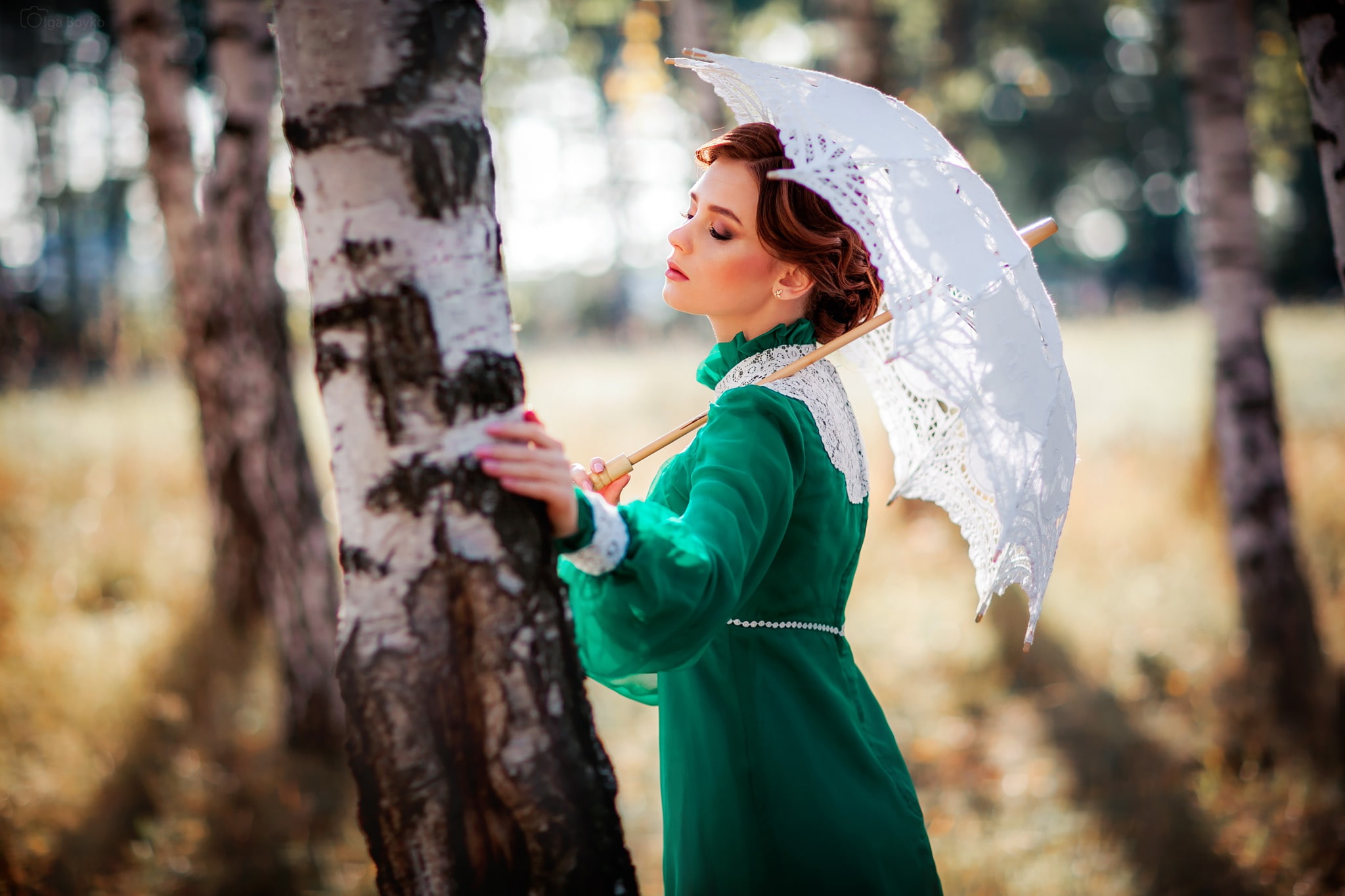 style, Alexander, mood, 1080P, Olga Boyko, dress, retro, pose, girl, birch, umbrella, trees, HD Wallpaper