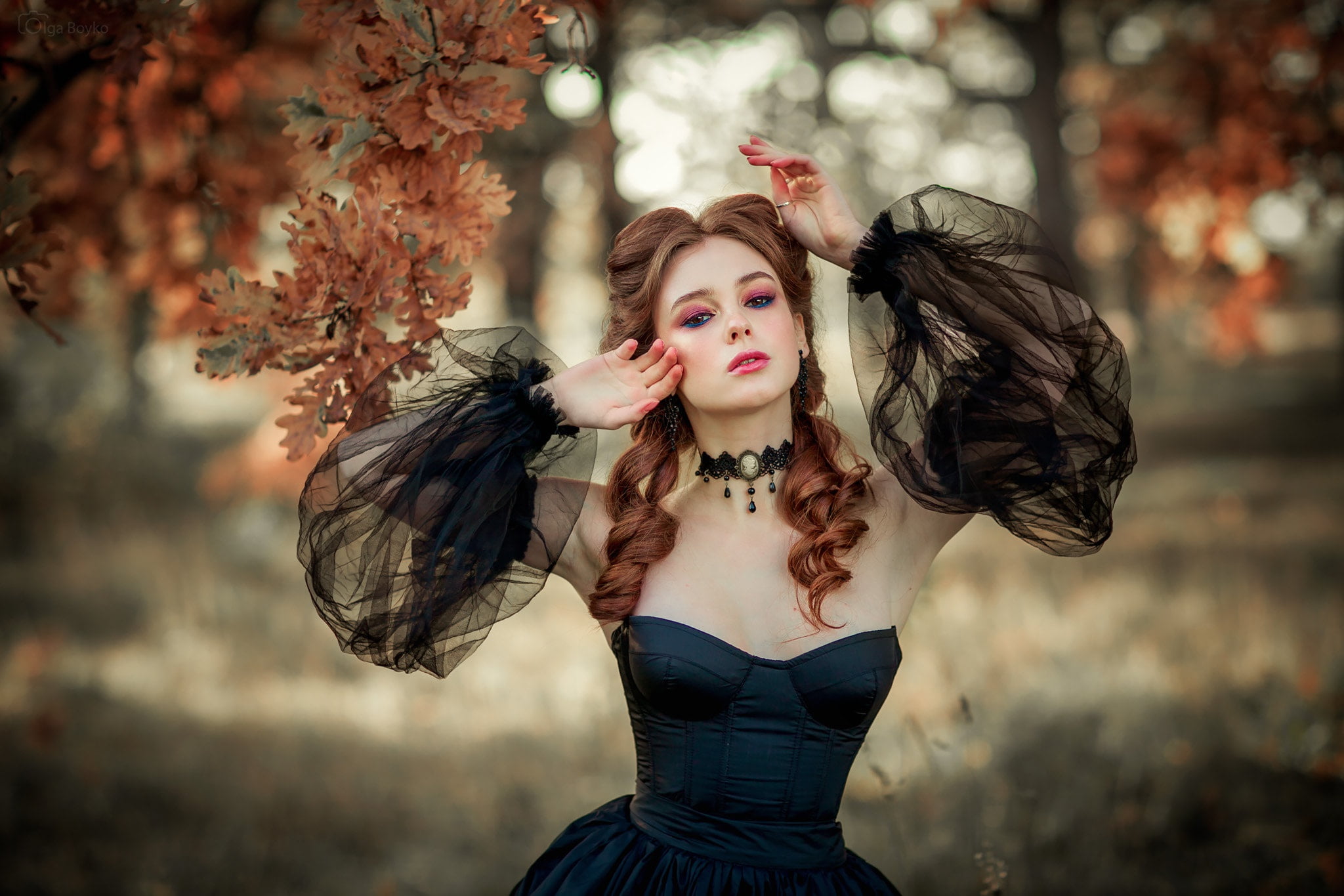 Olga Boyko, neckline, makeup, dress, leaves, 1080P, autumn, HD Wallpaper
