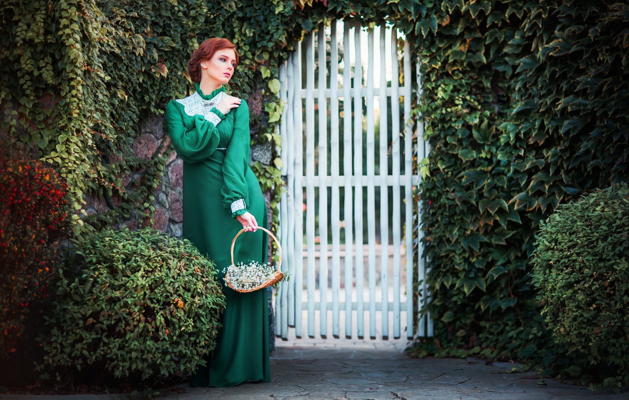 dress, Alexander, flowers, girl, retro, 1080P, style, greens, the bushes, Olga Boyko, basket, wicket, pose, HD Wallpaper