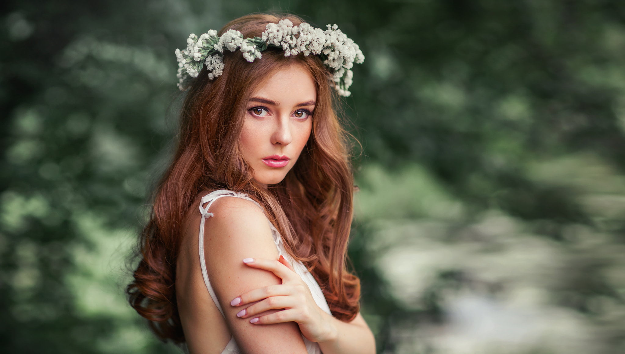 eyeliner, crown, nature, flower in hair, women, 1080P, Olga Boyko, redhead, long hair, dress, eyeshadow, wavy hair, brown eyes, makeup, looking at viewer, HD Wallpaper